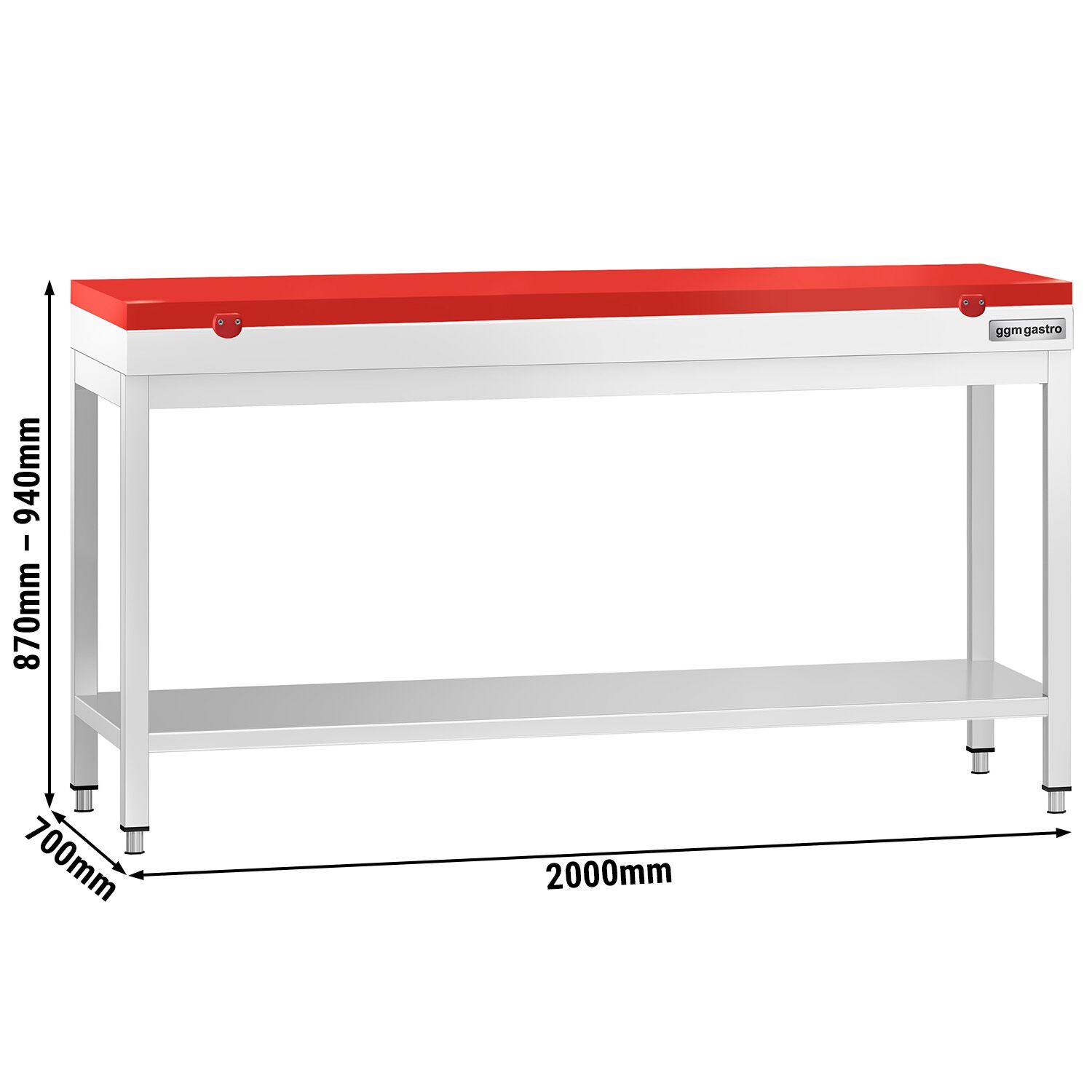 Table de travail inox PREMIUM - 2000 x 700 mm - avec tablette inférieure - incl. Planche à découper Rouge