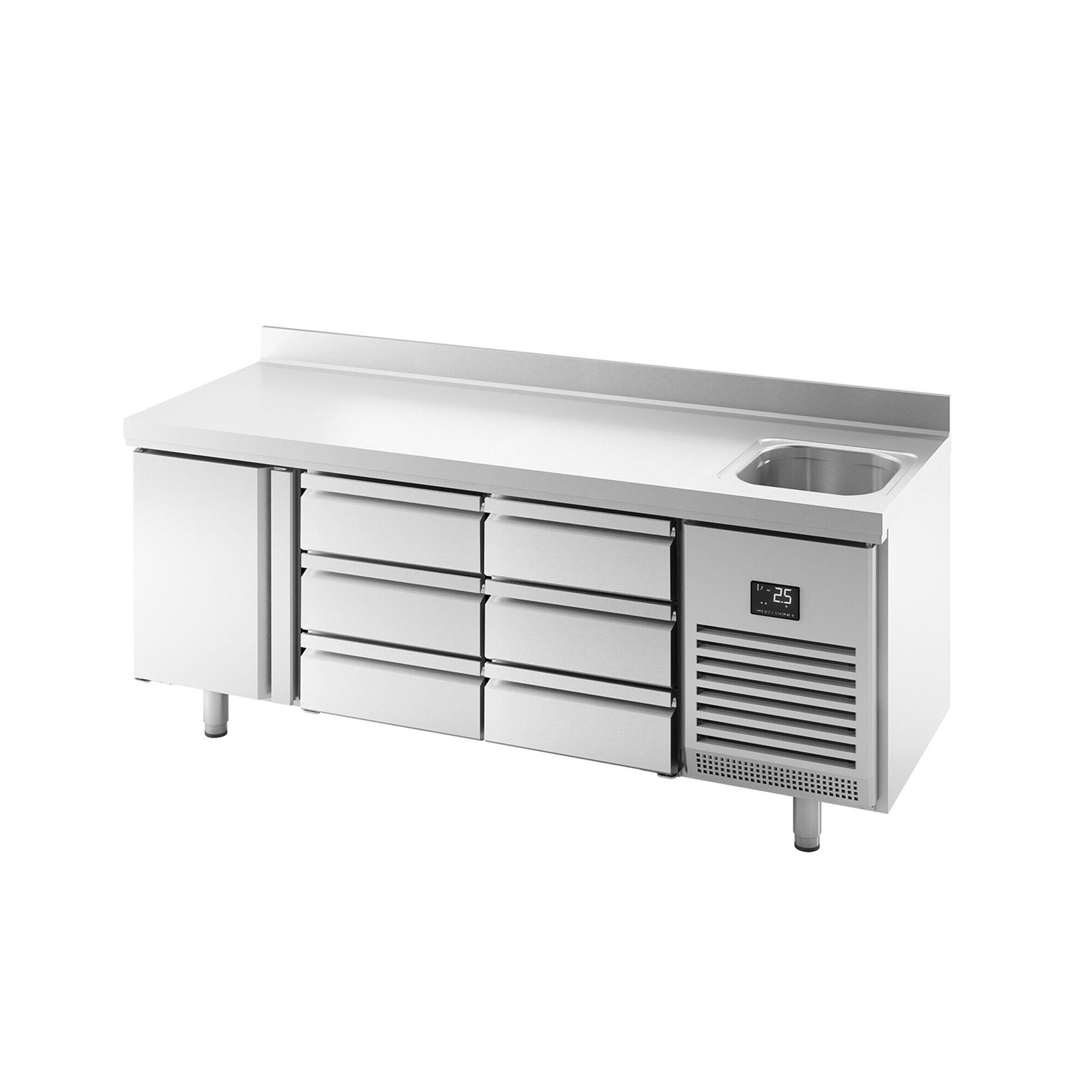 Table réfrigérée Premium PLUS - 1960 x 700 mm - avec 1 bac, 1 porte, 6 tiroirs - dosseret