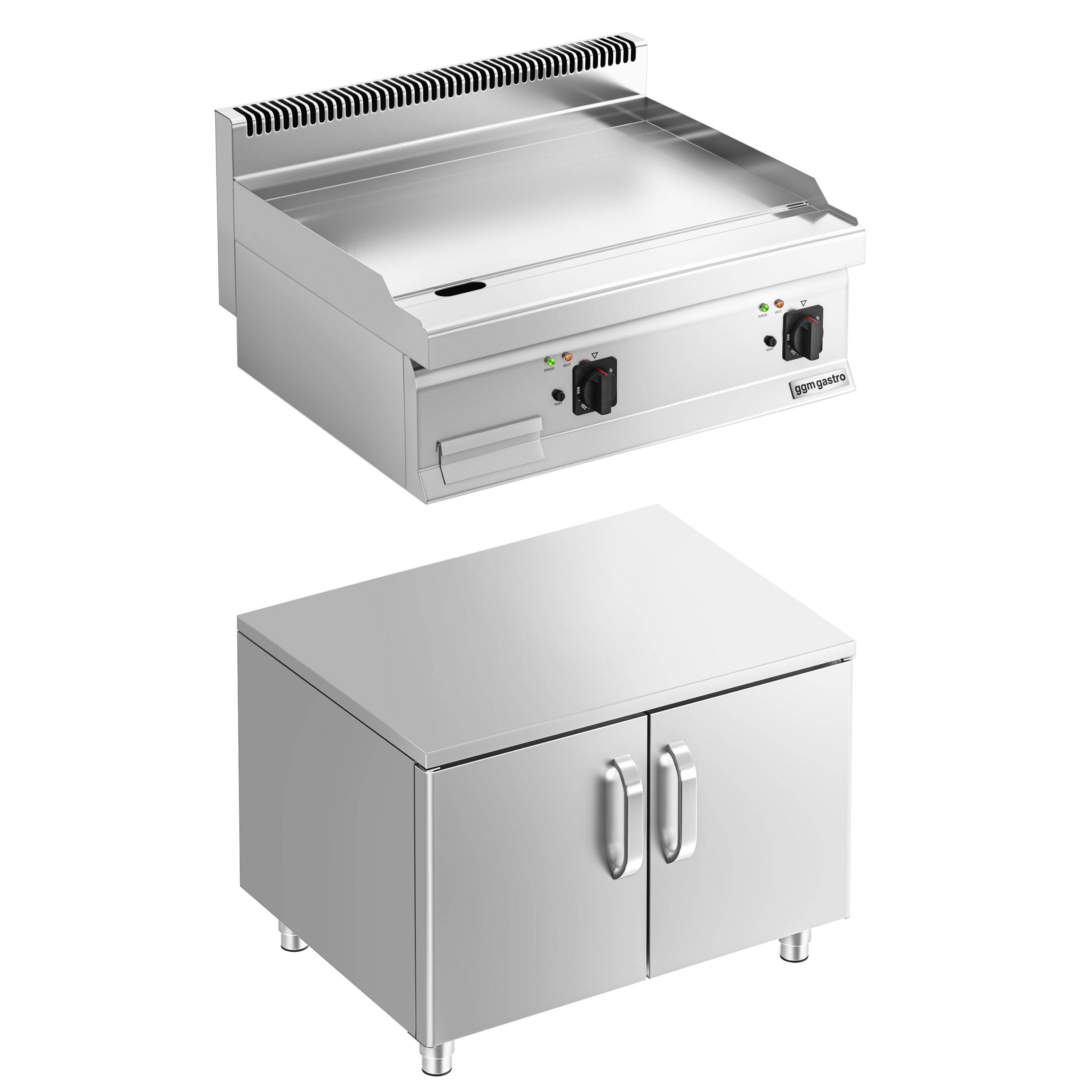 Plancha électrique - plaque acier - 2 zones - 7,1 kW - Lisse - Surface de cuisson : 795x535mm - incl. soubassement avec 2 portes