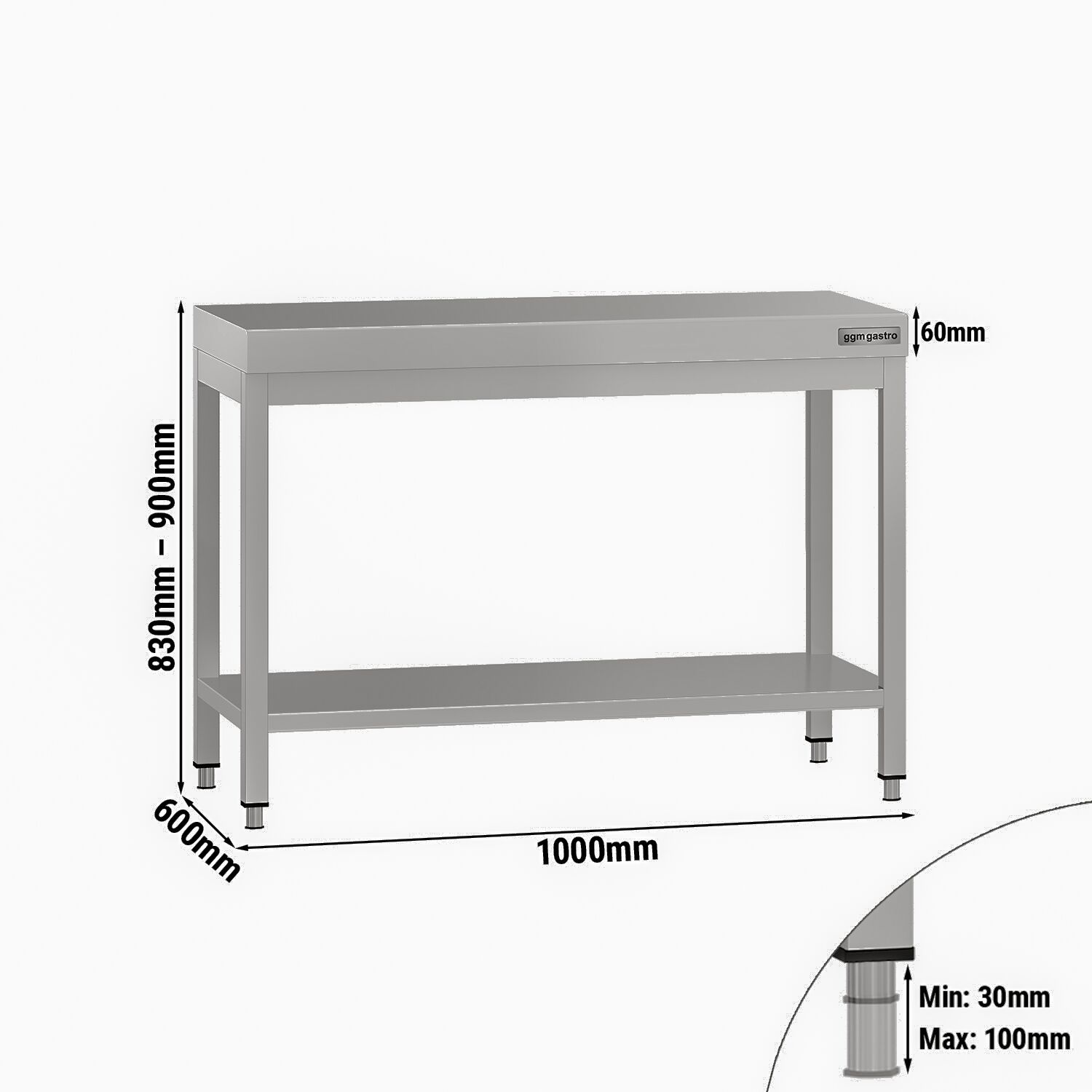 Table de travail en inox ECO – 1000 × 600 mm – avec tablette inférieure