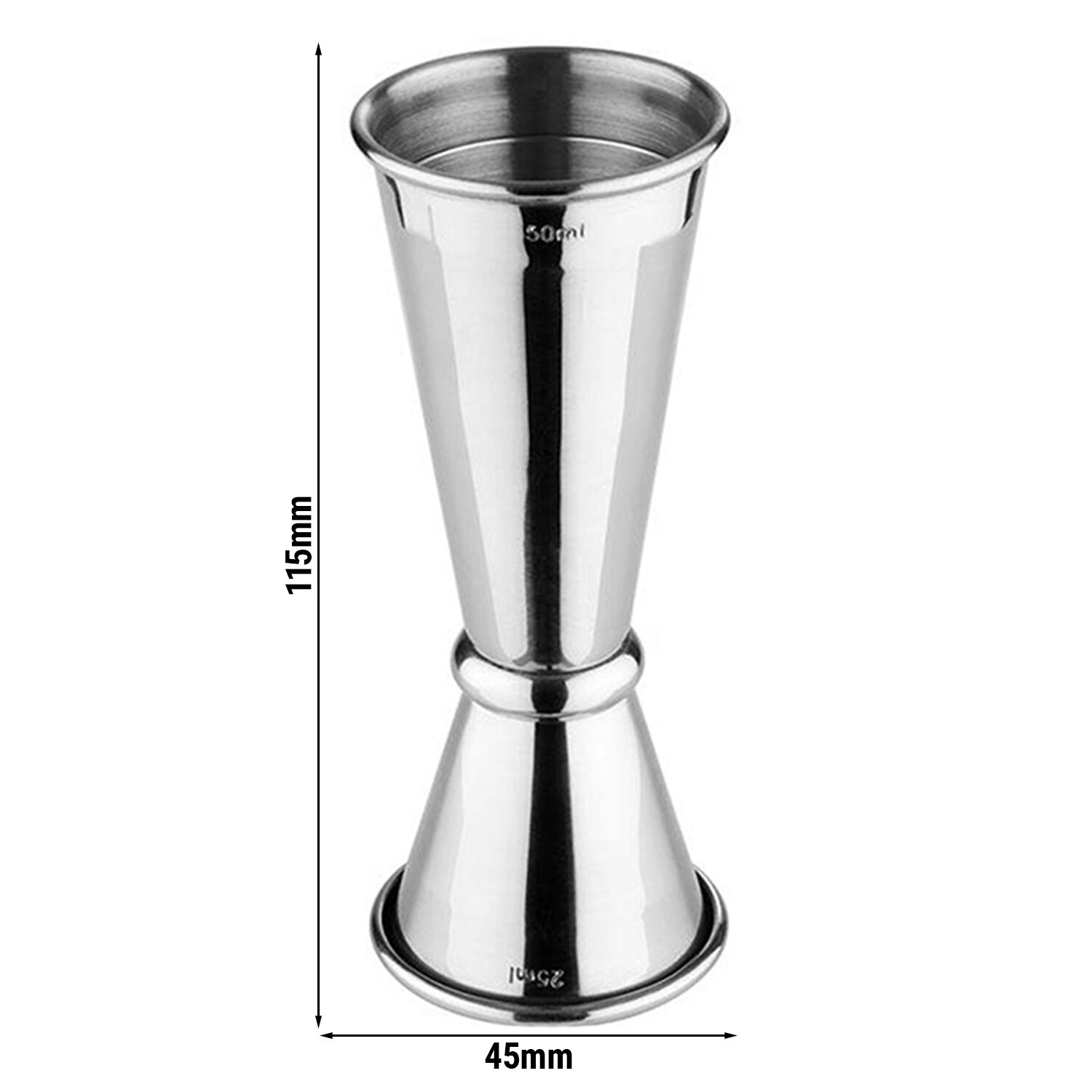 (6 pcs) Jigger double - acier inoxydable - 2,5cl/5cl (25/50 ml) - avec repère(s) 1,5cl/3,5cl - estampillé CE