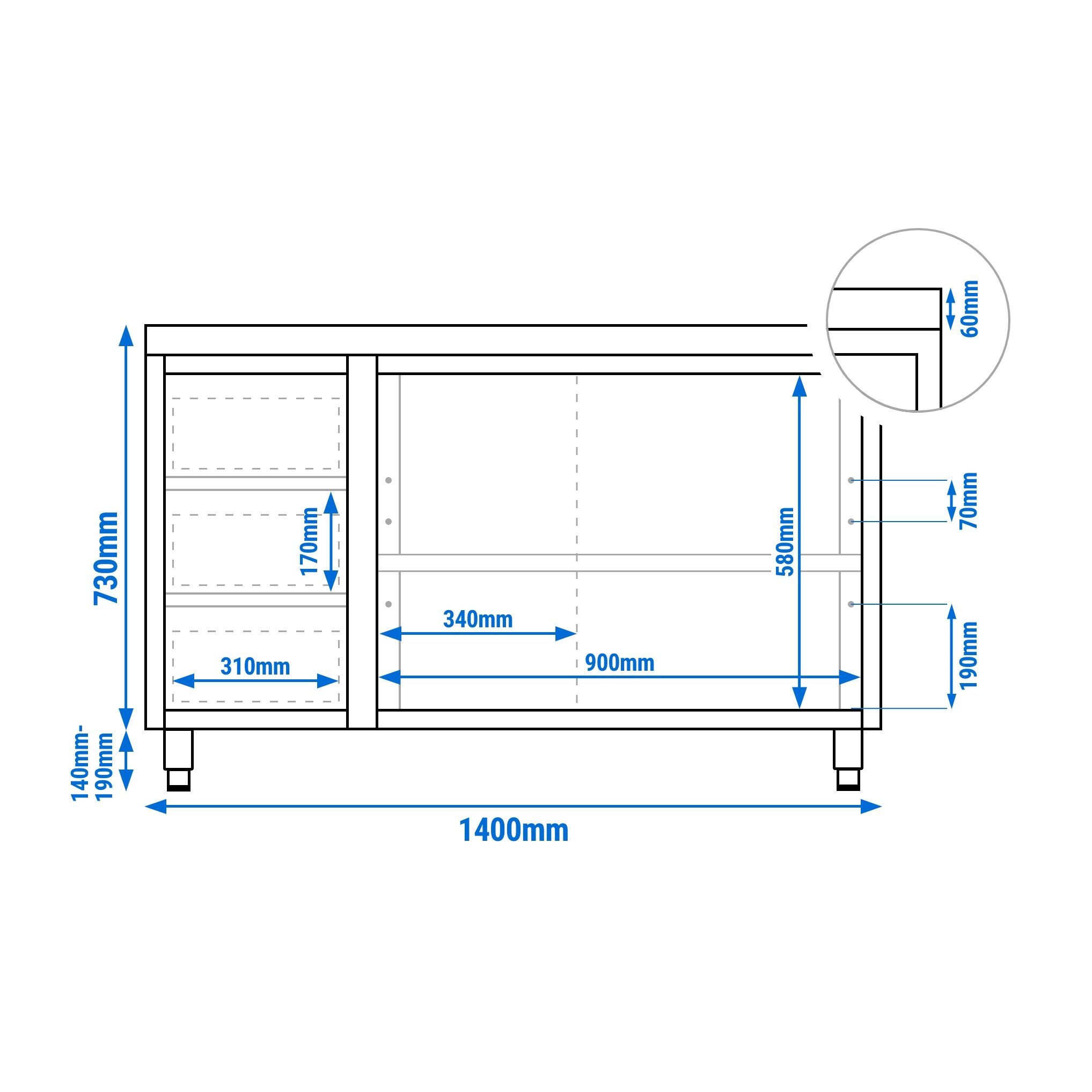 Table armoire en acier inoxydable PREMIUM - 1400x600mm - avec portes coulissantes et étagère basse et 3 tiroirs à gauche