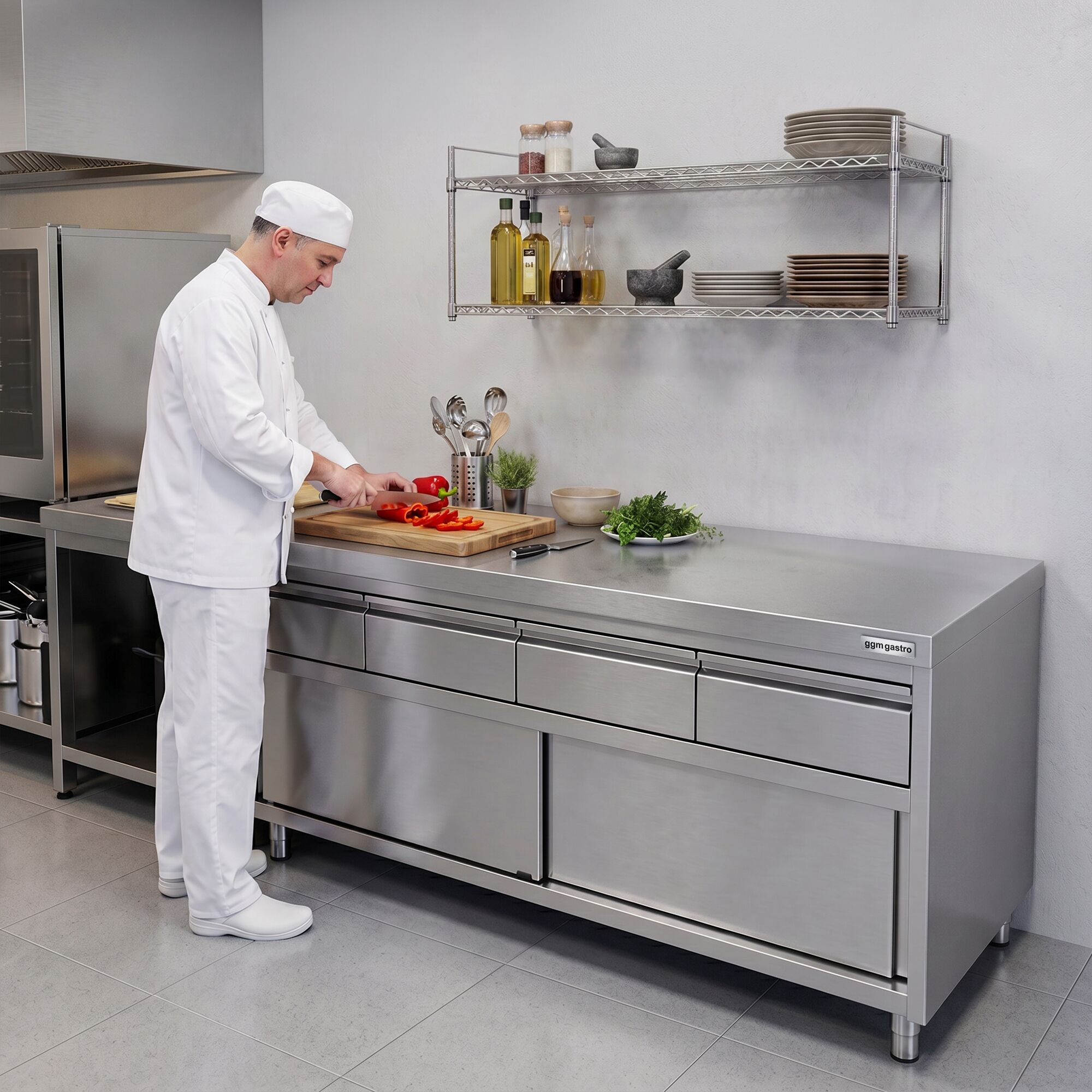 Armoire de travail en acier inoxydable ECO - 2000 x 600 mm - avec 4 tiroirs et une porte coulissante