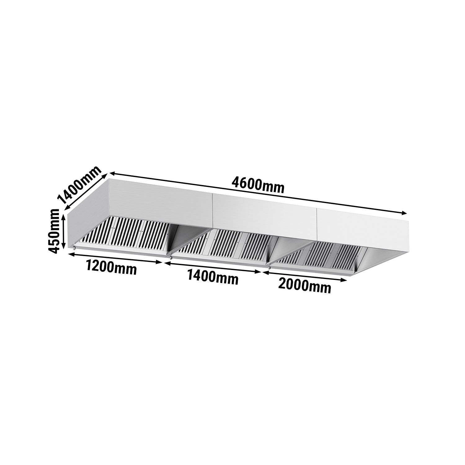 Hotte à adosser professionnelle - 4600mm - sans moteur - avec filtres et éclairage