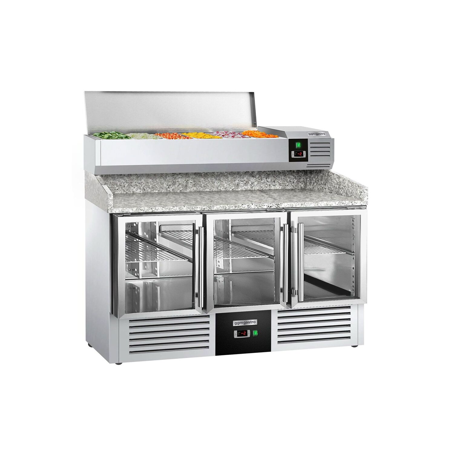 Commercial Pizza Prep Counter - Granite Top PREMIUM - 1400x700mm - with 3 glass doors - incl. refrigerated topping unit - 6x GN 1/4