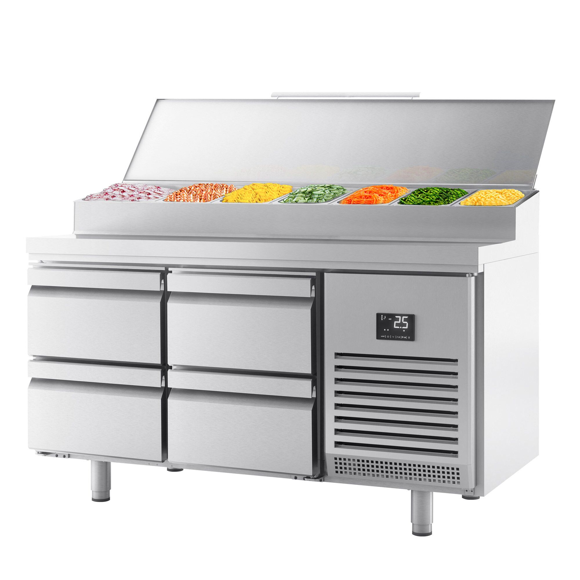 Table réfrigérée de préparation - 1468 x 700 mm - avec 4 tiroirs - avec superstructure en inox 1 x GN 1/2 et 6 x GN 1/3