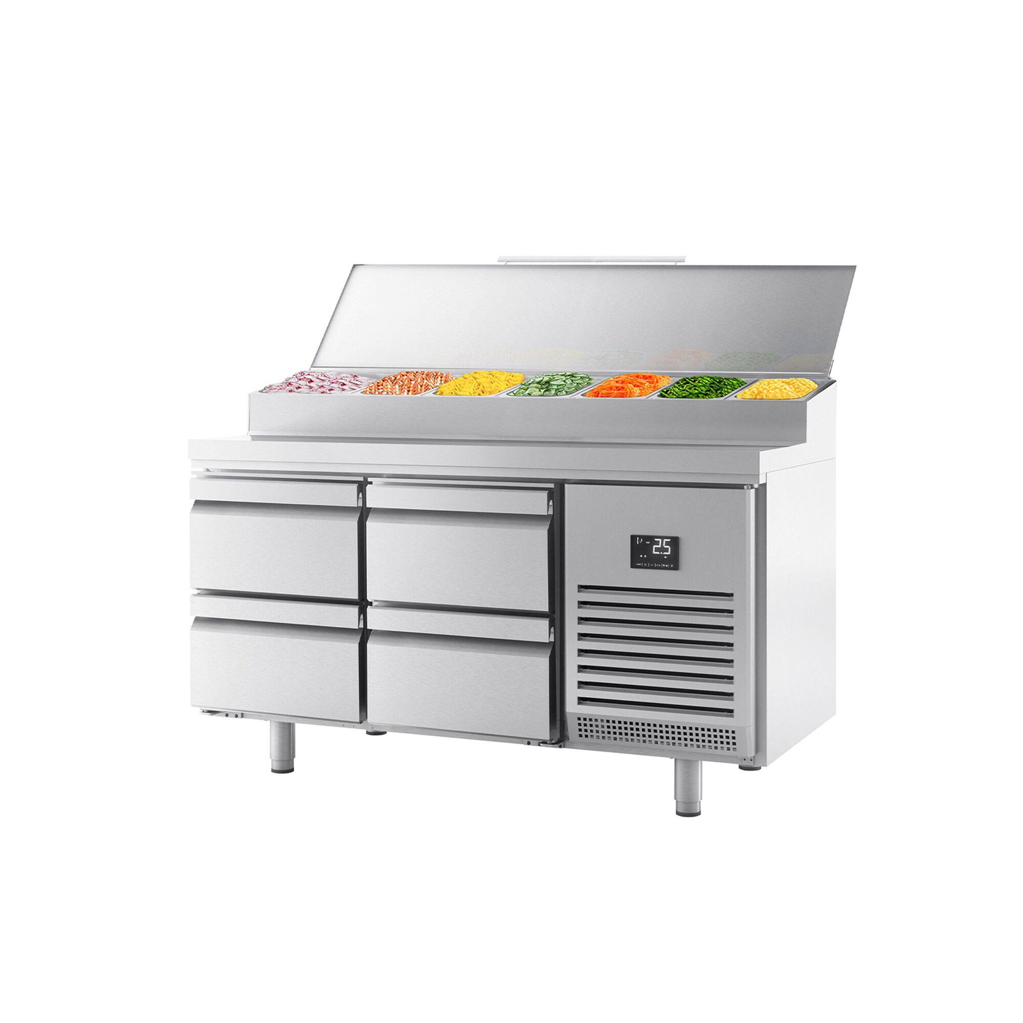 Table réfrigérée de préparation - 1468 x 700 mm - avec 4 tiroirs - avec superstructure en inox 1 x GN 1/2 et 6 x GN 1/3