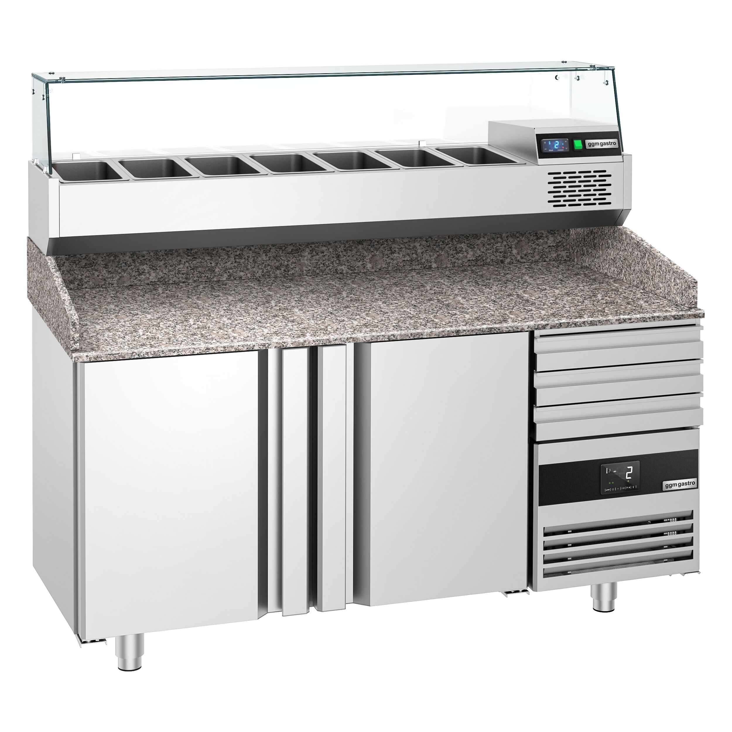 Table réfrigérée à pizza PREMIUM - 1600x800 mm - avec 2 portes & 3 tiroirs - incl. vitrine réfrigérée - 6x GN 1/3
