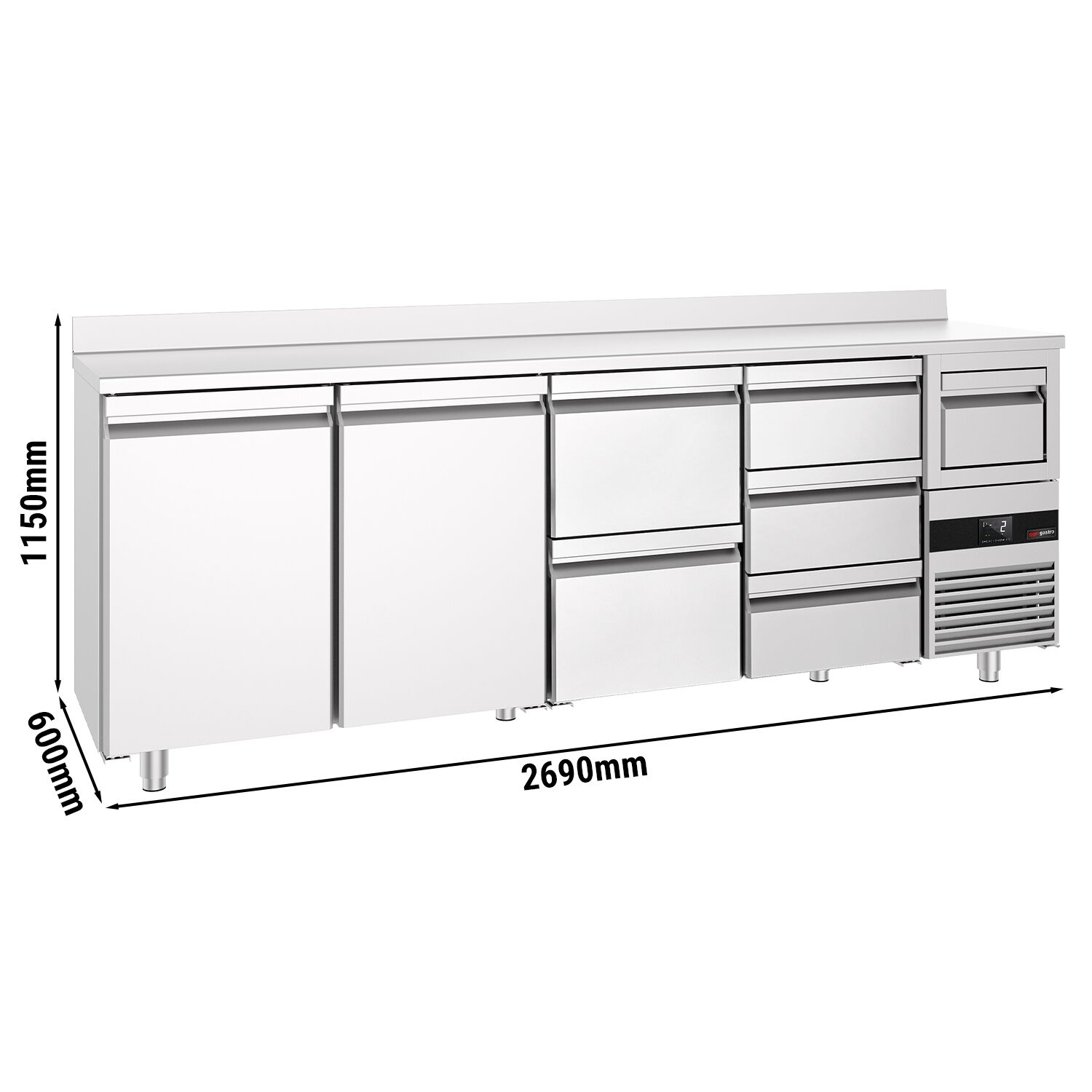 Arrière-bar réfrigéré professionnel PREMIUM - 2690 x 600 mm - avec 2 portes et 5 tiroirs - avec dosseret - avec tiroir à marc de café