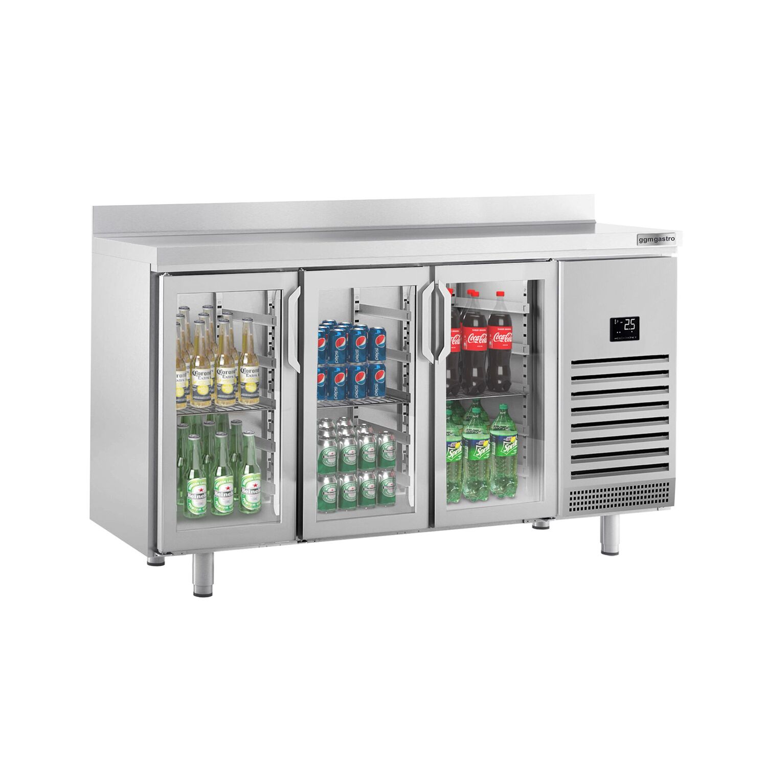 Table réfrigérée Premium PLUS - 1960x700 mm - avec 3 portes vitrées et rebord