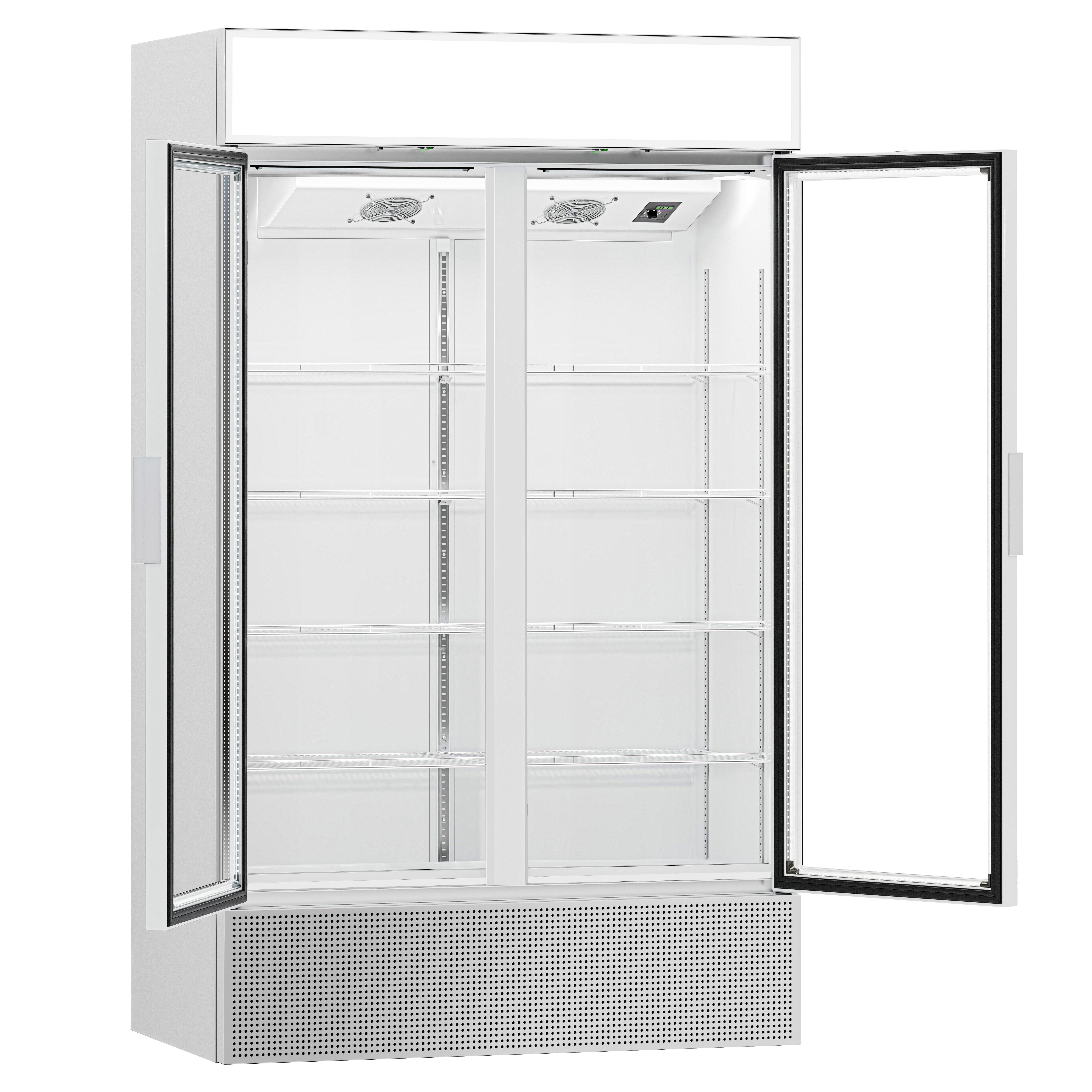 Vitrine réfrigérée à boissons - 1200mm - 1048 L - porte vitrée sans cadre - 2 portes vitrées - avec caisson lumineux - éclairage LED - 1 à +10 °C