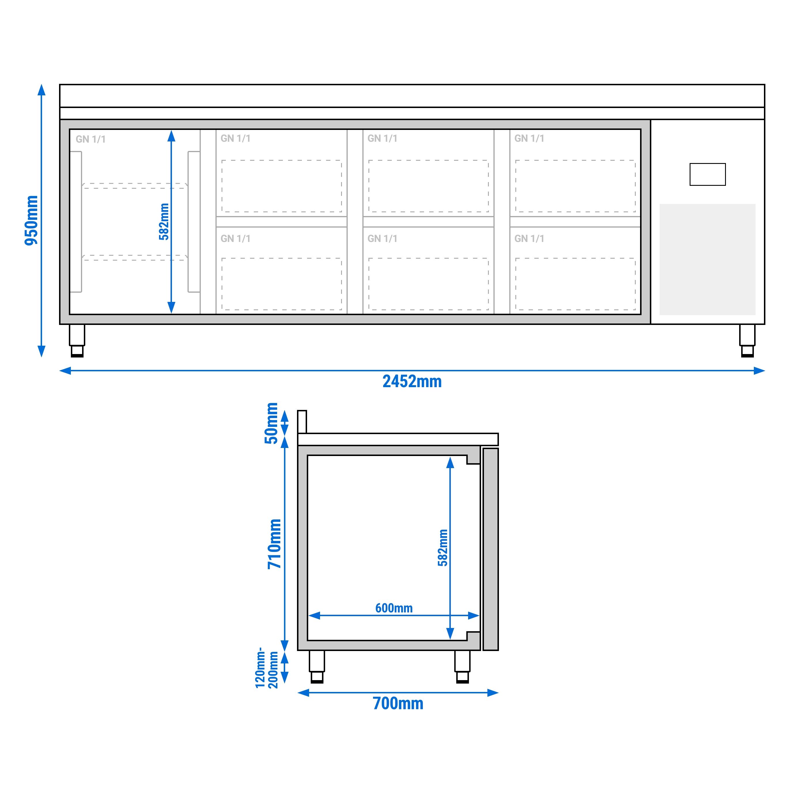 Table réfrigérée Premium PLUS - 2452 x 700 mm - avec 1 porte - 6 tiroirs - avec dosseret