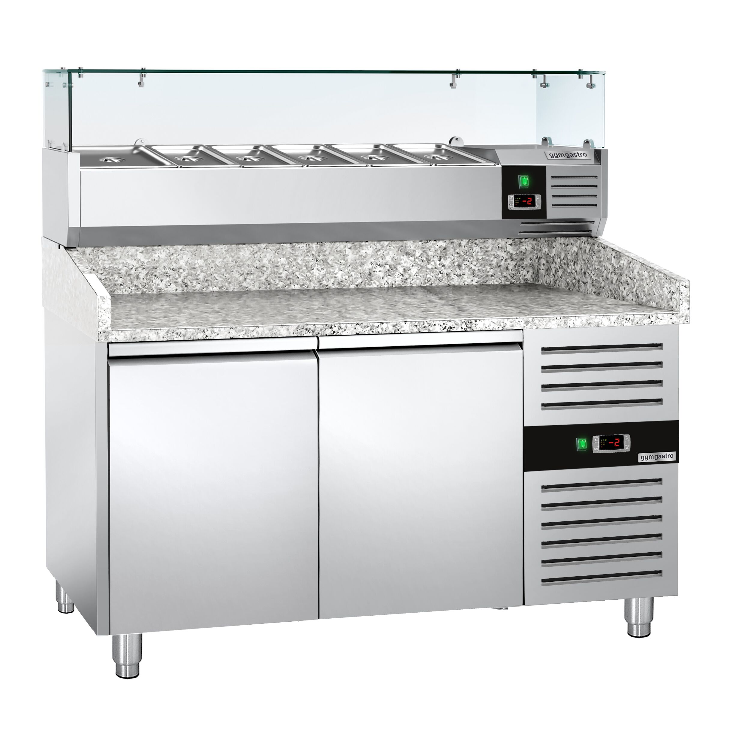 Pizzakylbänk ECO - 1500x800 mm - granitskiva - med 2 dörrar - inkl. kylränna med glastopp - 6x GN 1/3