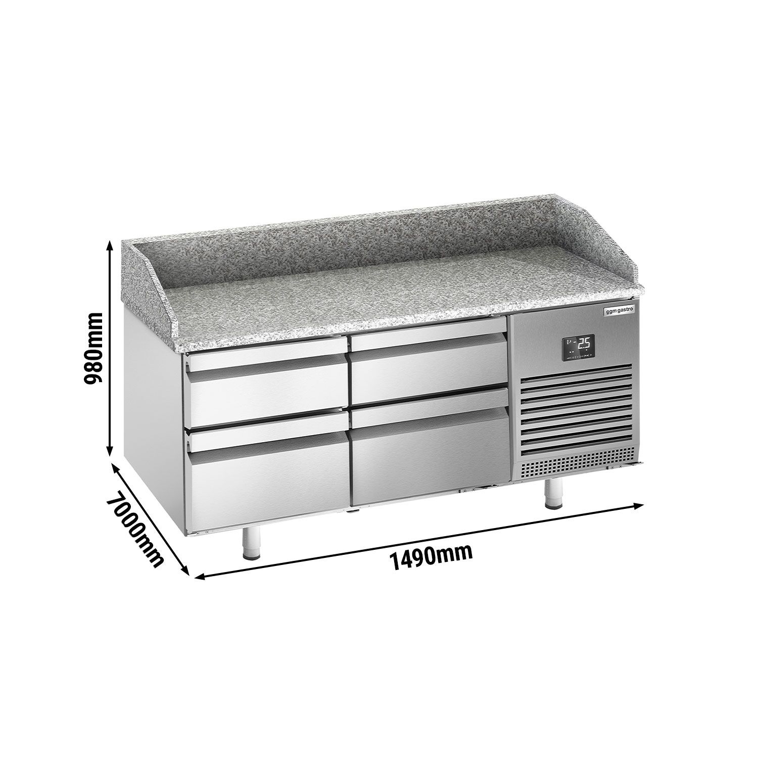 Commercial Pizza Prep Counter - Granite Top PREMIUM PLUS - 1490x700mm - with 0 doors & 4 drawers