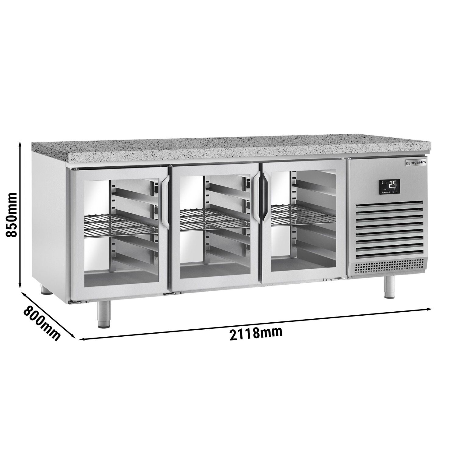 Table réfrigérée de boulangerie Premium PLUS - 2185x800 mm - avec portes vitrées des deux côtés & plan de travail en granit