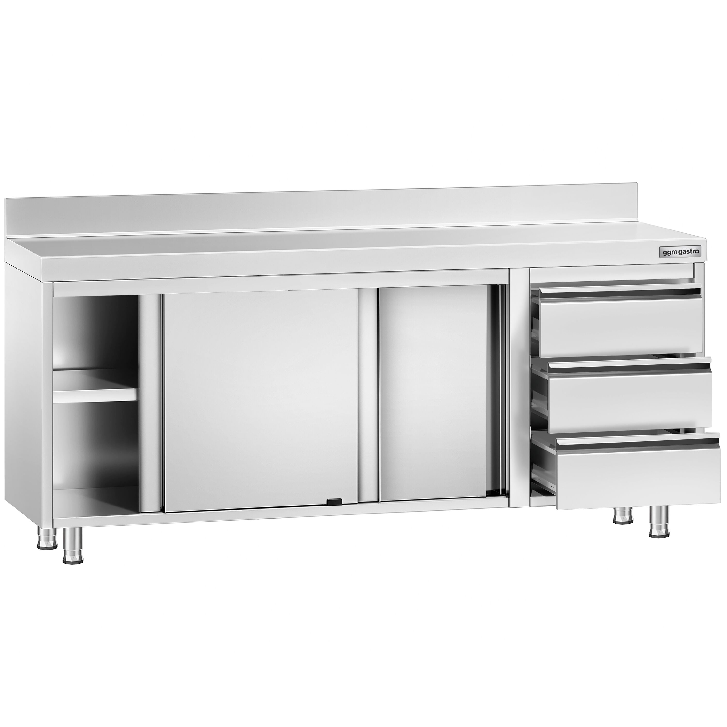 Table armoire en acier inoxydable PREMIUM - 2000x600mm - avec portes coulissantes et 3 tiroirs à droite - avec dosseret