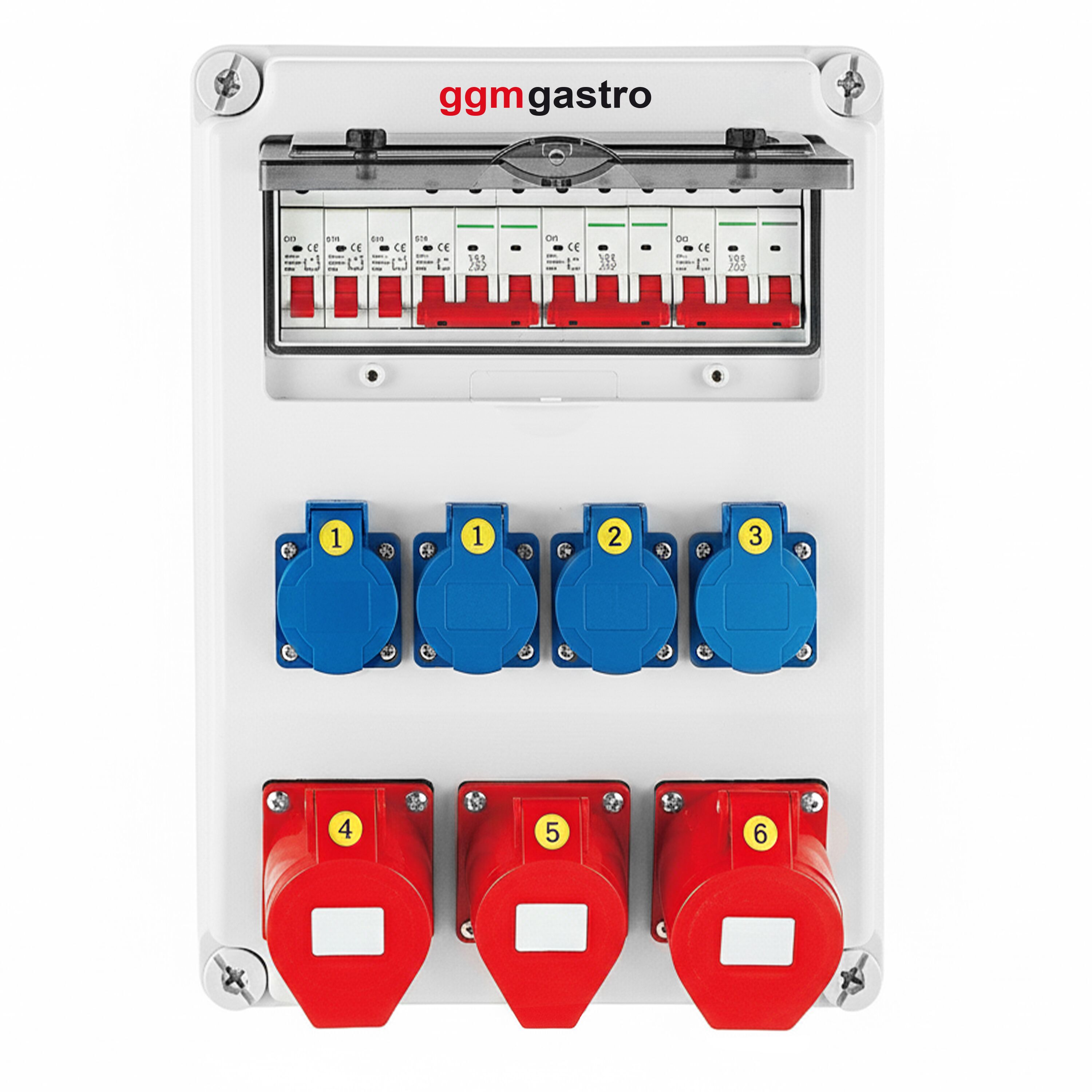 Fördelningsskåp - 4x Schuko 230 V, 2x CEE 16 A 400 V (5-pol) & 1x CEE 32 A 400 V (5-pol) uttag
