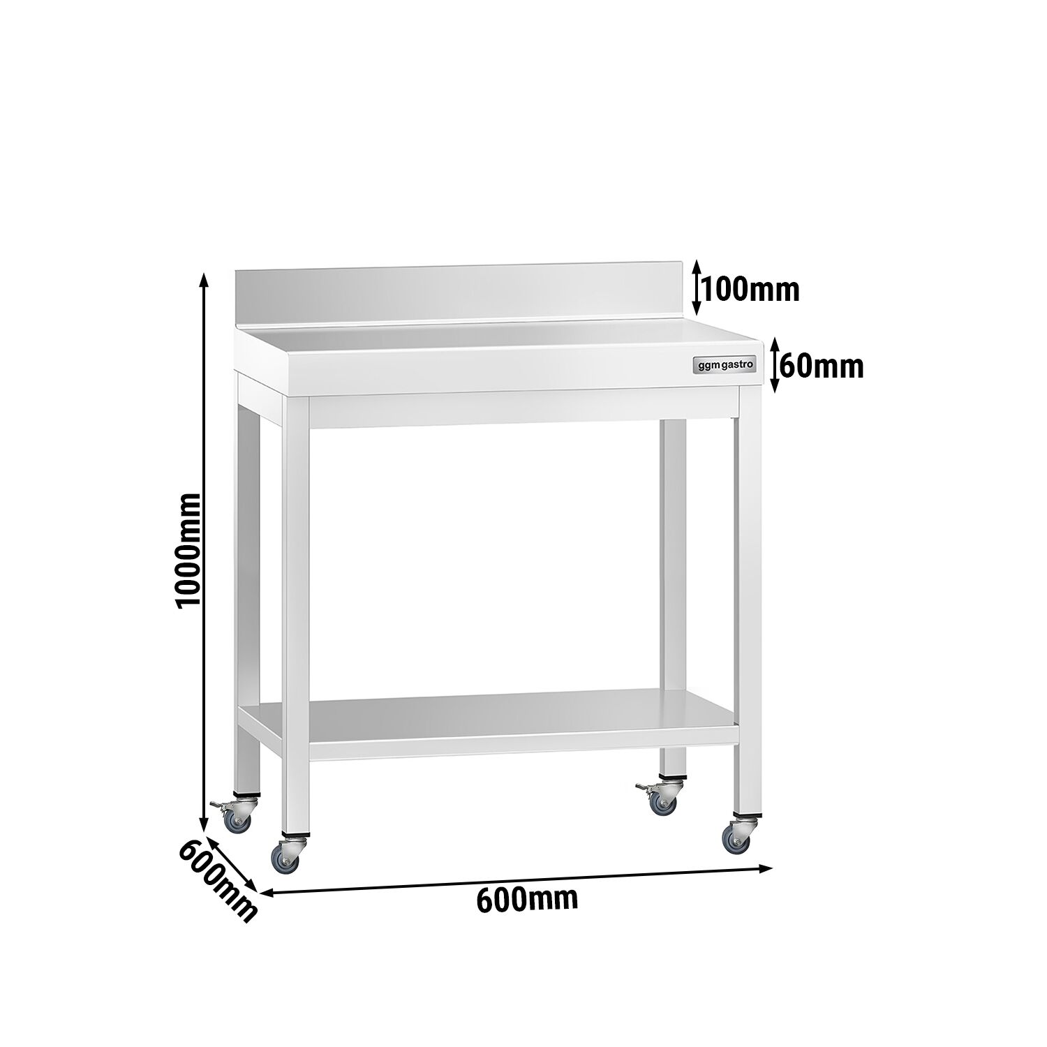 Table de travail en inox PREMIUM - 600 x 600 mm - avec tablette inférieure, dosseret et roulettes