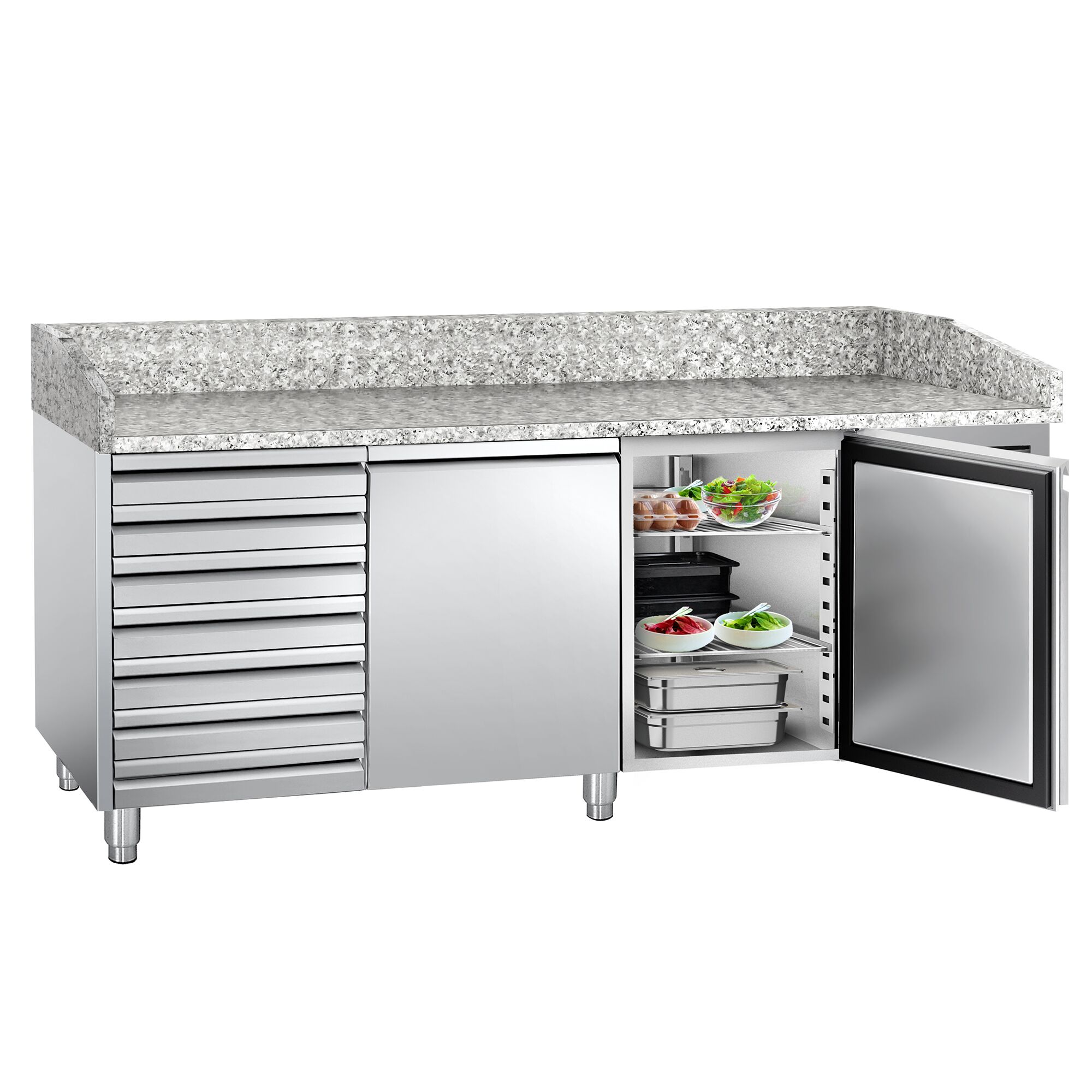 Commercial Pizza Prep Counter - Granite Top ECO - 2025x800mm - with 2 doors & 7 drawers