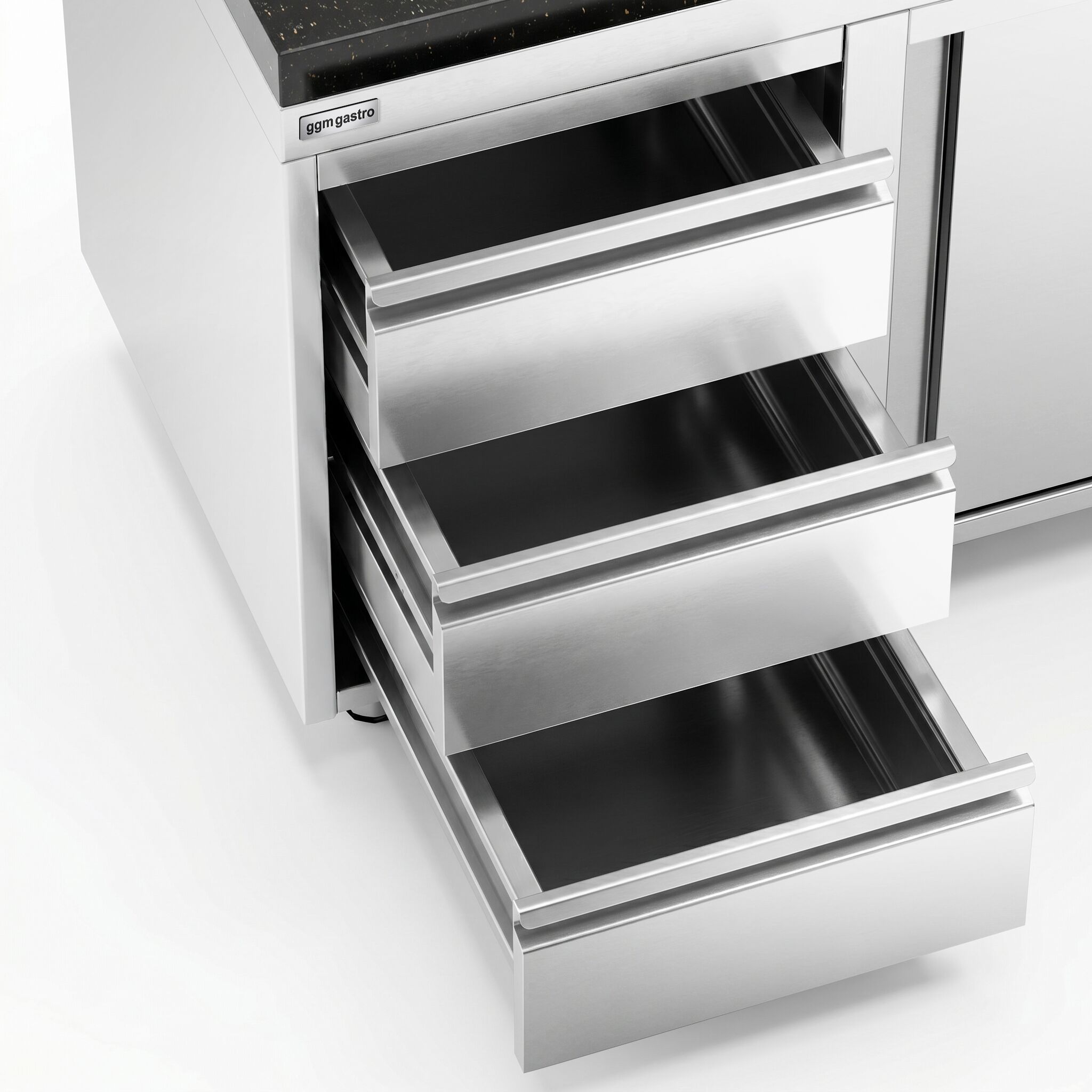  Szafka robocza ze stali nierdzewnej PREMIUM – 1400 x 700 mm – z 3 szufladami po lewej stronie – wraz z blatem granitowym