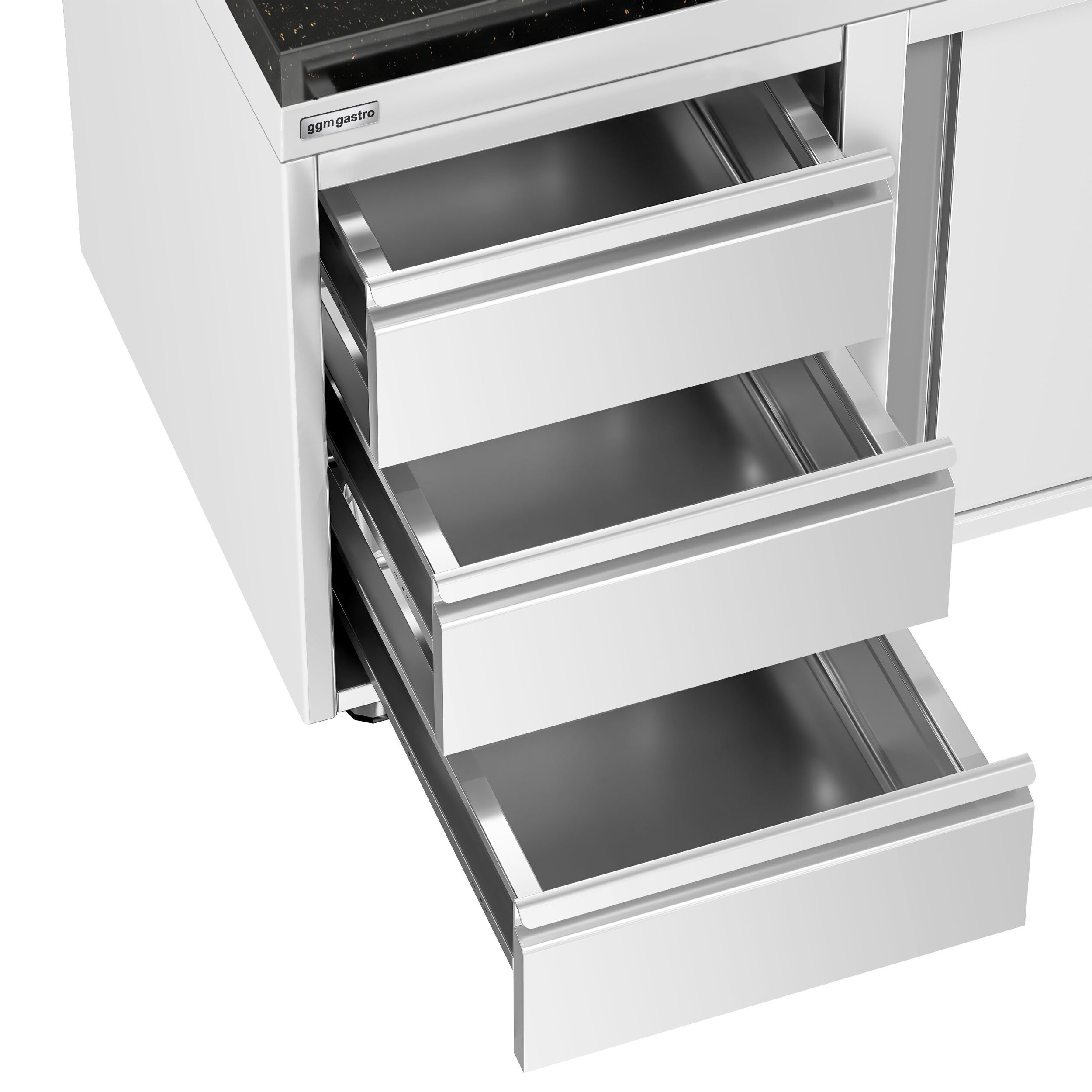 Roestvrijstalen werkkast PREMIUM - 2000 x 600 mm - met 3 lades links - incl. granieten werkblad