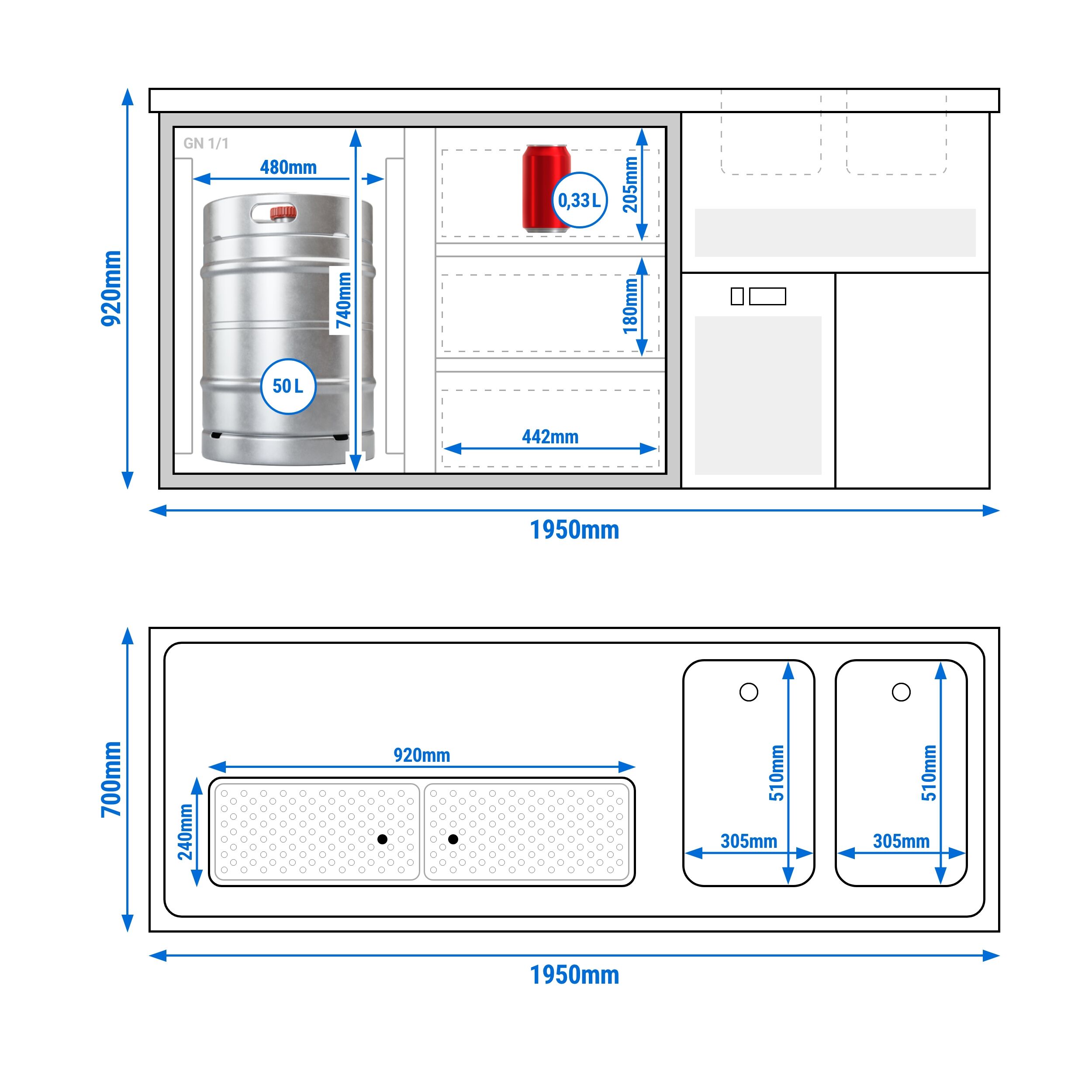 Biertheke Premium PLUS - 1950x700mm - 1 Glastür & 3 Schubladen