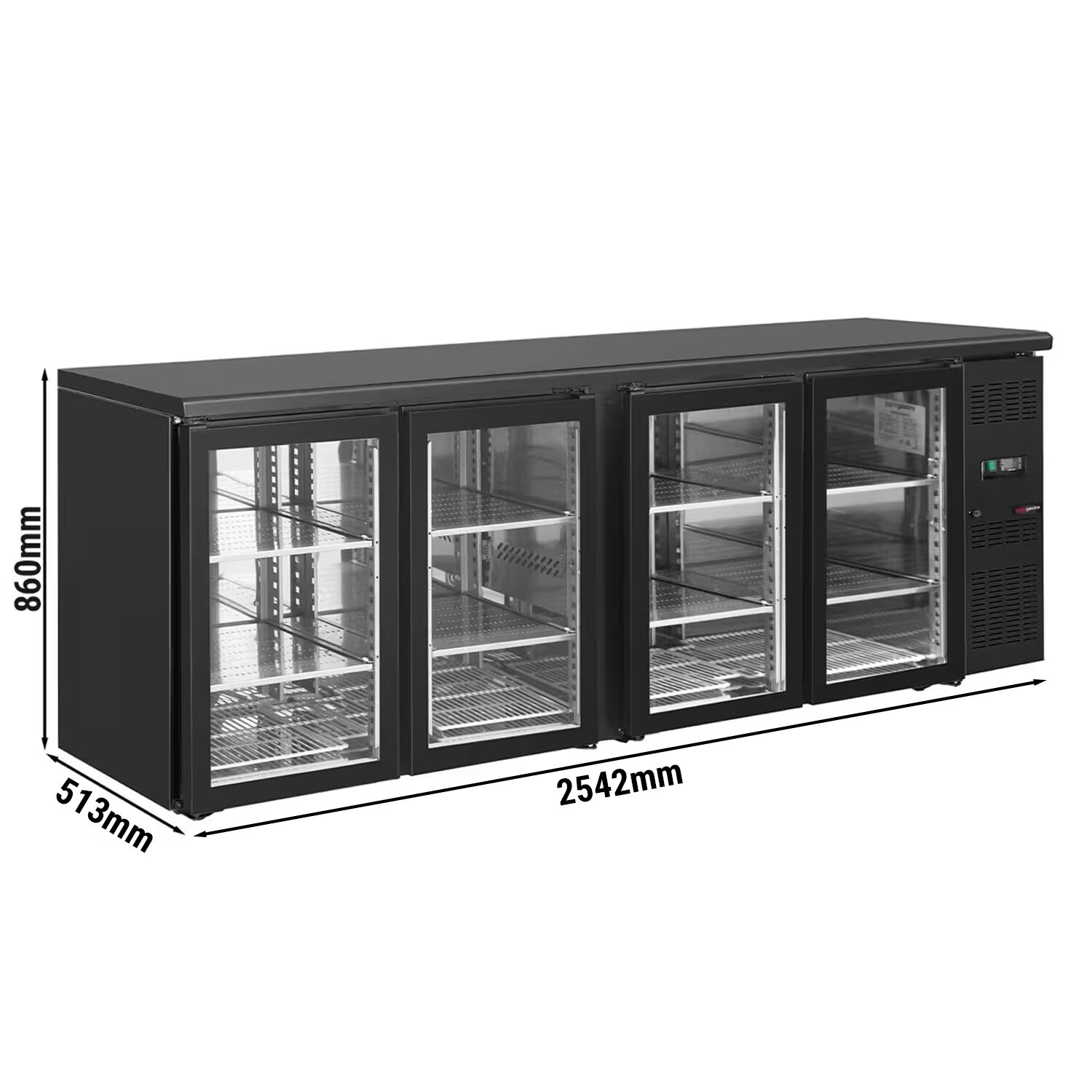Table réfrigérée de bar & boissons ECO - 2542 mm - 4 portes vitrées sans cadre - noir