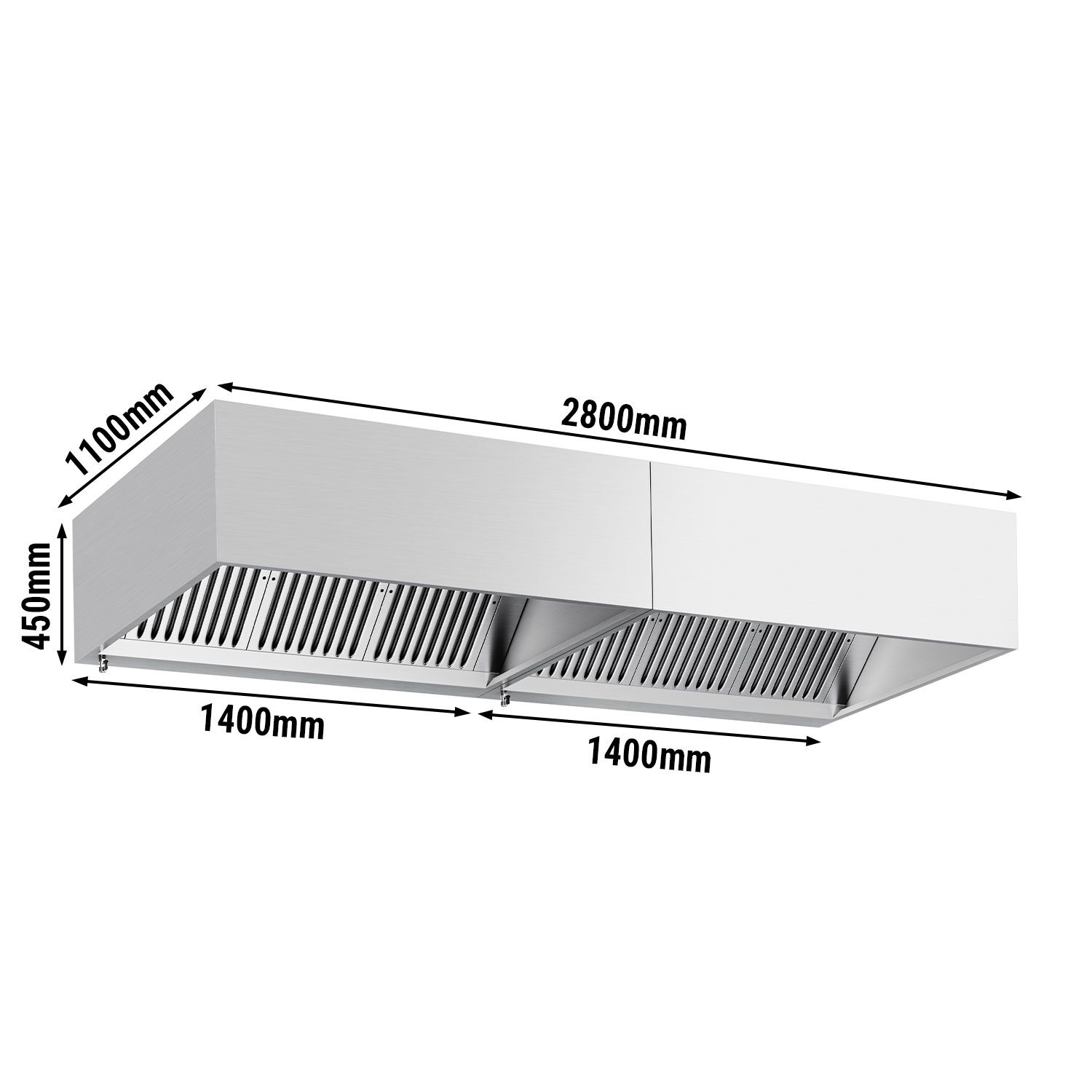 Hotte à adosser professionnelle - Profondeur 1100 - 2800mm - sans moteur - avec filtres et éclairage