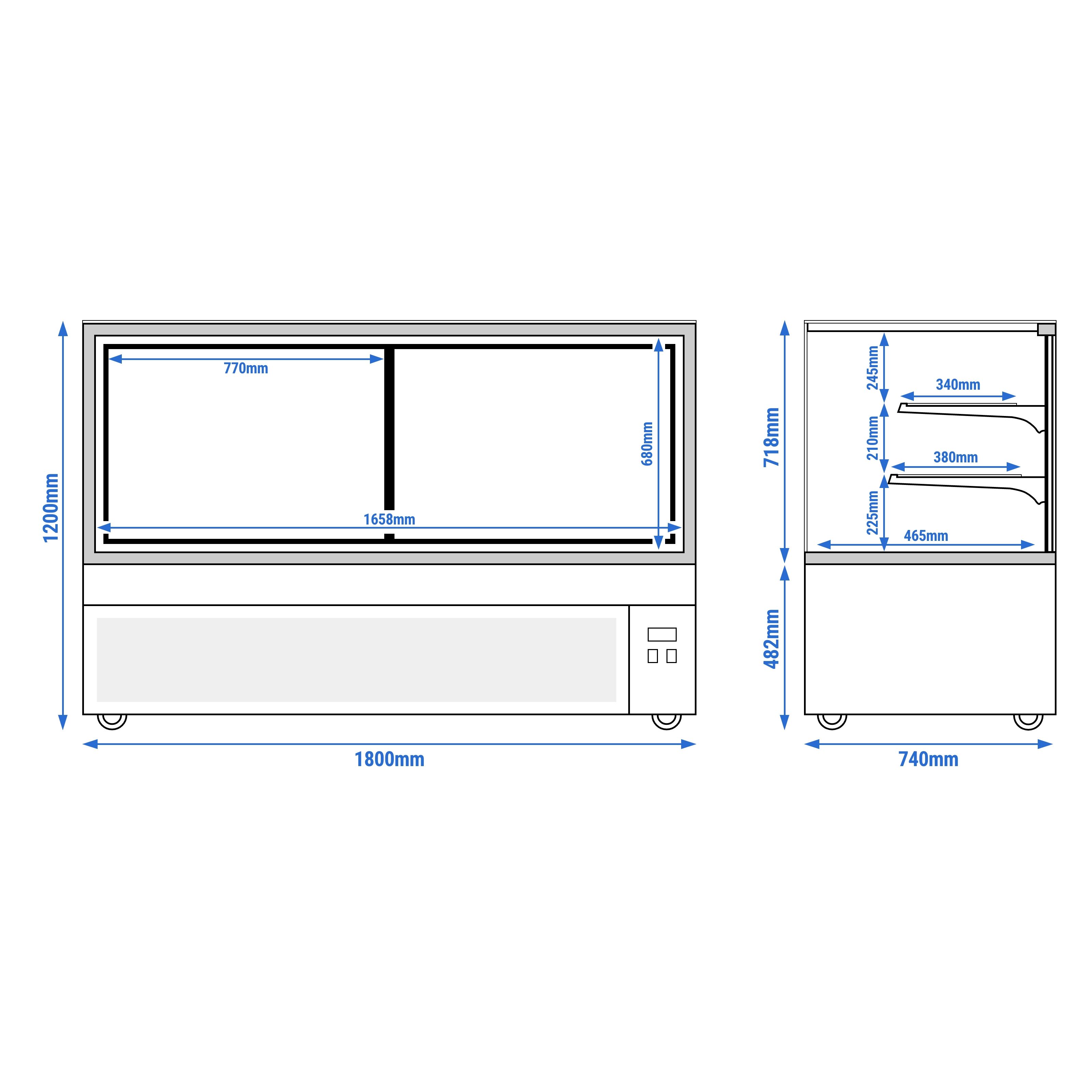 Vitrine à pâtisserie réfrigérée - 725L - 1800mm - Double vitrage - avec 3 étagères en verre - portes coulissantes vitrées arrière