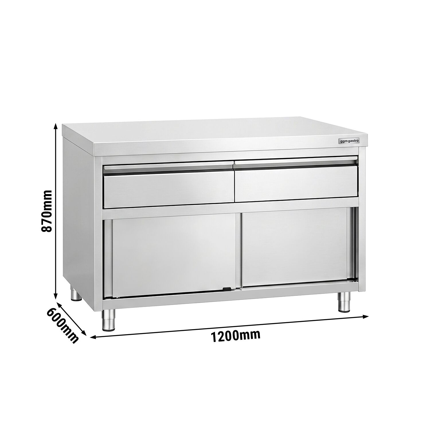 Armoire de travail en acier inoxydable PREMIUM - 1 200 x 600 mm - avec 2 tiroirs et une porte coulissante