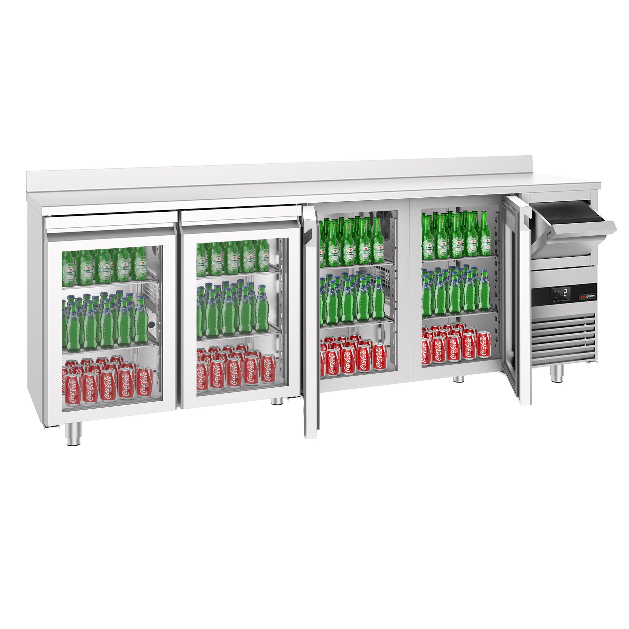 Commercial Back Bar Bottle Cooler PREMIUM - 2690x600mm - 710L - with 4 Hinged Glass Doors, upstand & knock box for coffee