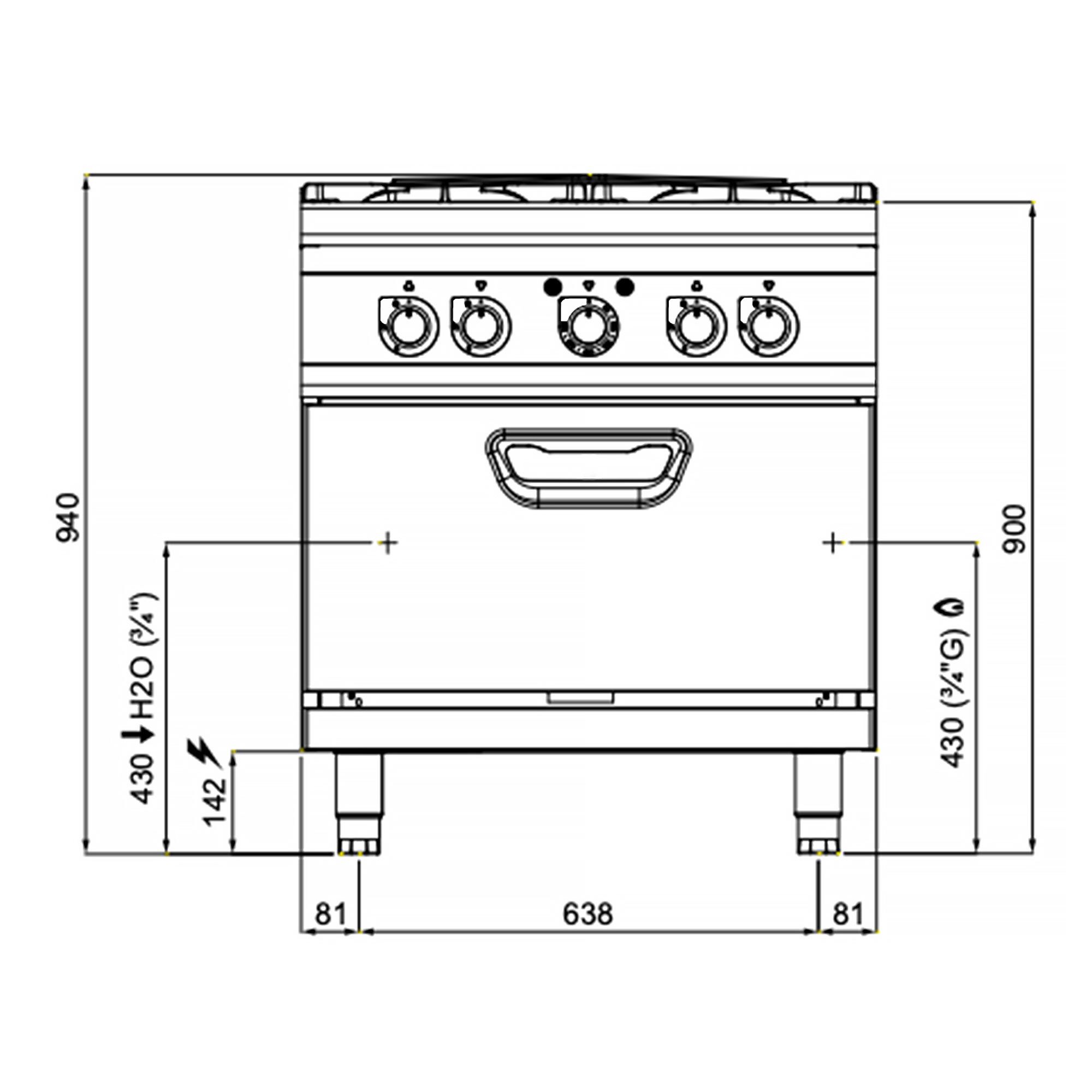 Fourneau à gaz – 28 kW – 4 brûleurs – avec four électrique à convection – 4,68 kW
