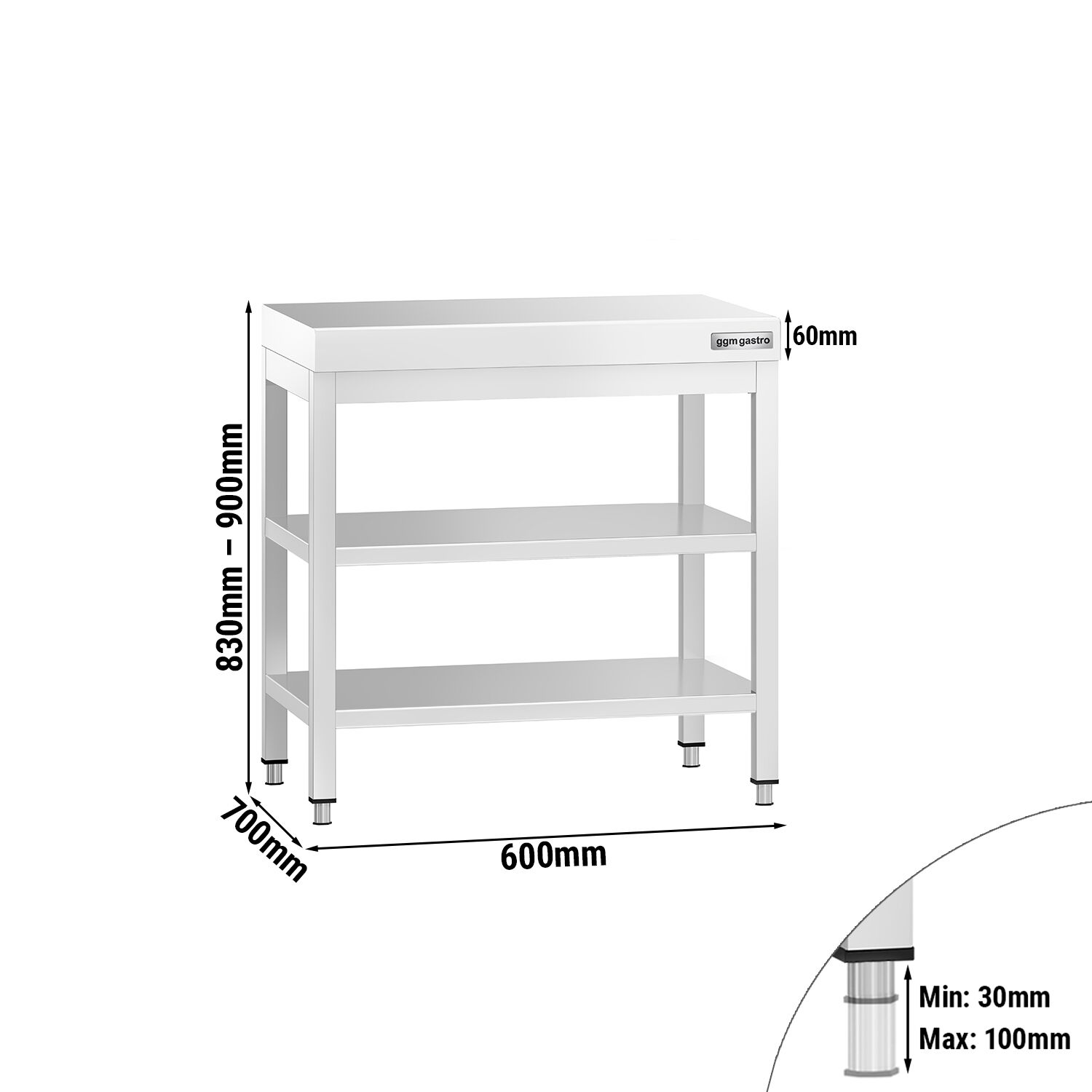 Table de travail inox PREMIUM - 600 x 700 mm - avec tablette inférieure & Tablette intermédiaire