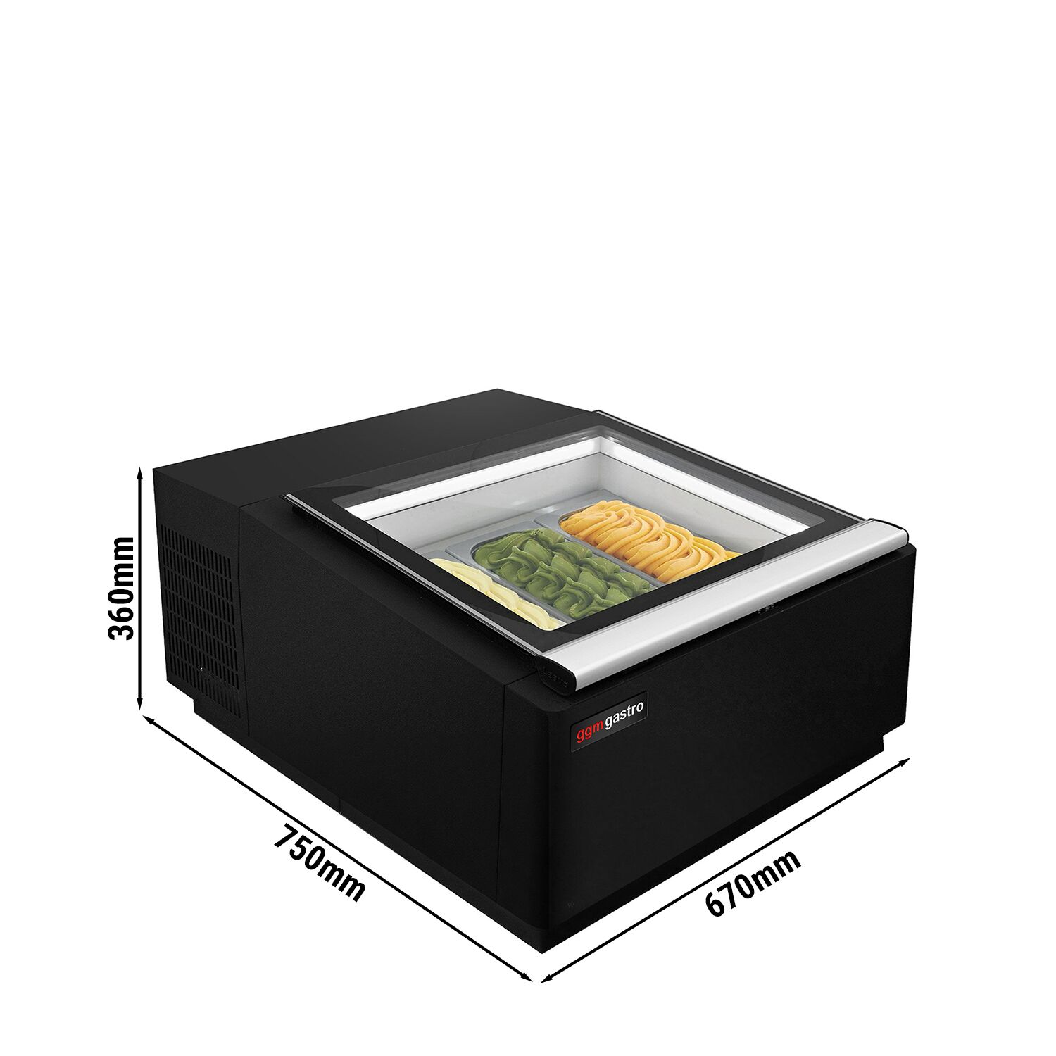 Vetrina gelato da banco - 670mm - Refrigerazione statica - con Sbrinamento automatico - per 3x Vasca da gelato da 5 Litri - Nero - Vetro dritto - Apertura coperchio lato lato operatore