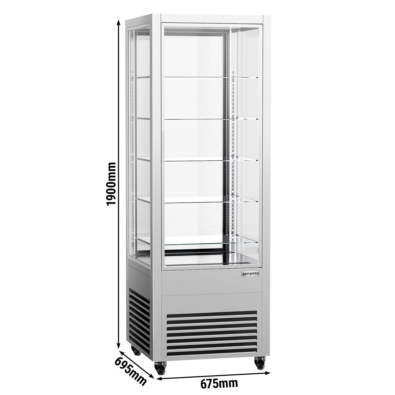 Vitrine réfrigérée 4 faces vitrées / Vitrine panoramique – 440 litres – 1 porte en verre – 5 étagères – Argent