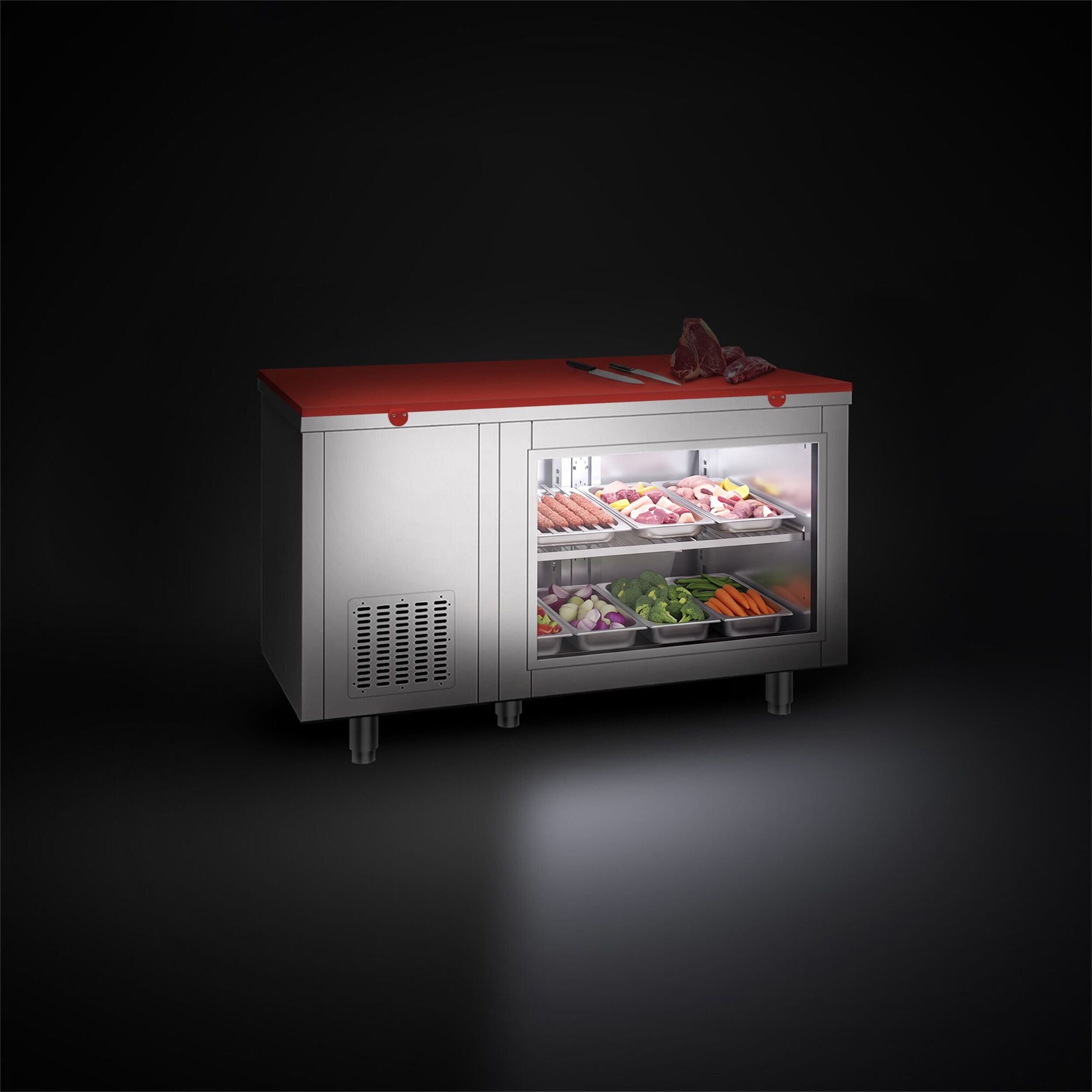 Commercial Counter Fridge – 1400 × 700 mm – Rear Side with 2 Doors – Glass Front – incl. Red Cutting Board