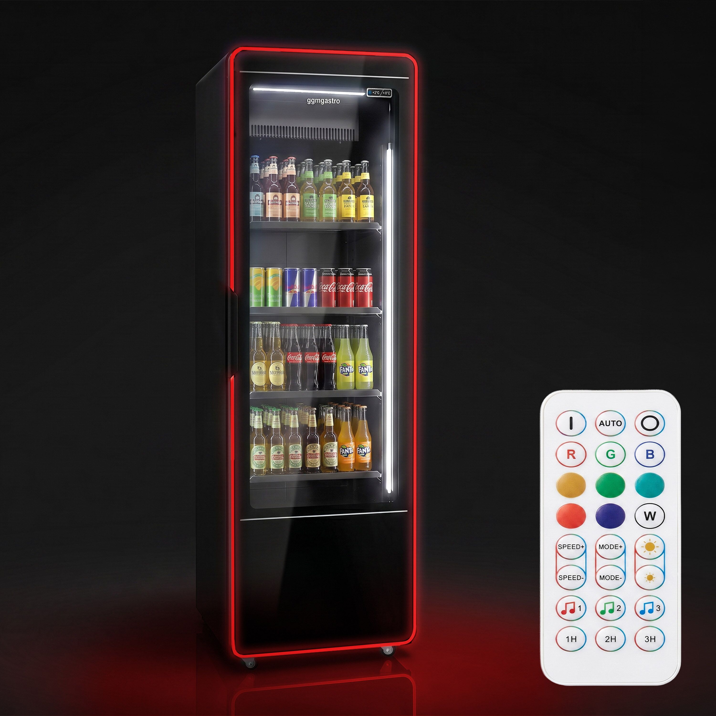 Vitrine réfrigérée à boissons - 670mm - 560 L - porte vitrée sans cadre - 1 porte vitrée - éclairage LED RGB - thermostat numérique - Noir - +2 à +8 °C