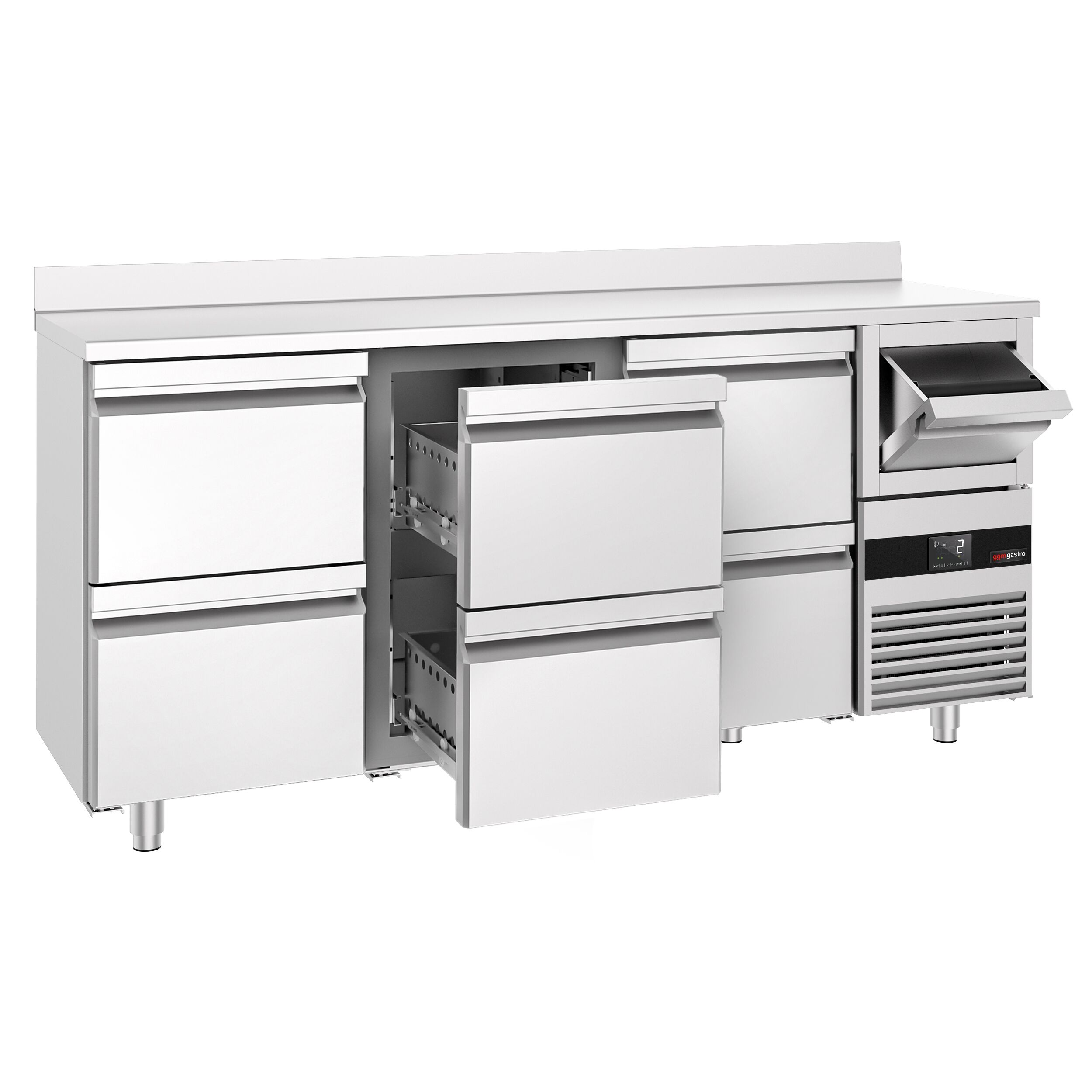 Barkylbänk PREMIUM - 2135x600 mm - 570 liter - 6 lådor GN 1/2, stänkkant & utklopp för kaffe