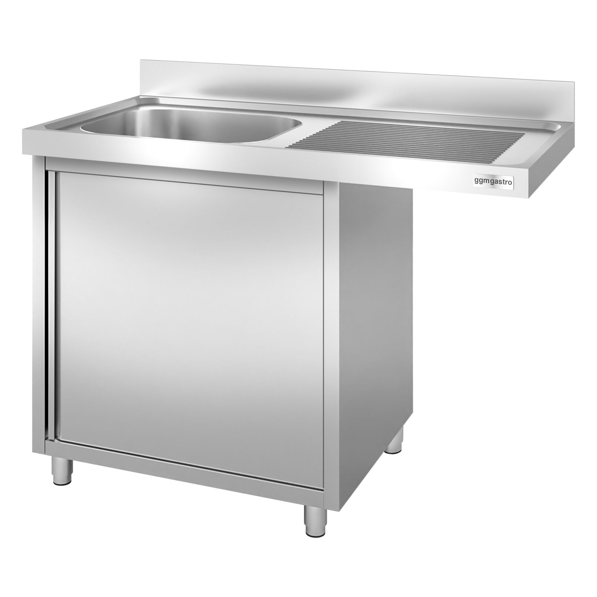Meuble plonge inox professionnel PREMIUM - 1200x600mm - 1 bac à gauche - avec égouttoir à droite - passage lave-vaisselle à droite - avec portes battantes