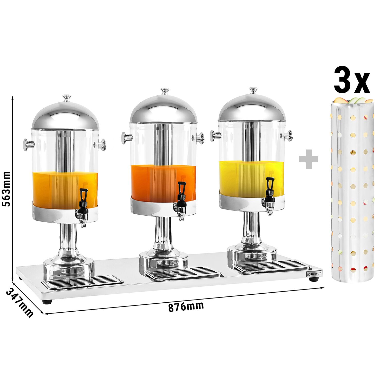 Juice Dispenser - 3x polycarbonate tanks with tap & ice inserts - 3x 7.5 Litres - Stainless steel - incl. drip tray & 3x ice cylinders & 3x perforated infusion cylinders