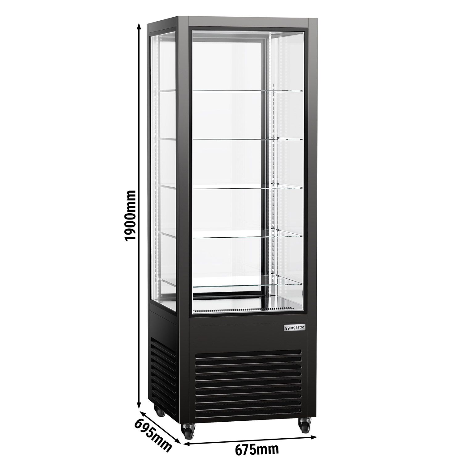 Vitrine réfrigérée 4 faces vitrées / Vitrine panoramique – 440 litres – 1 porte en verre – 5 étagères – Noir
