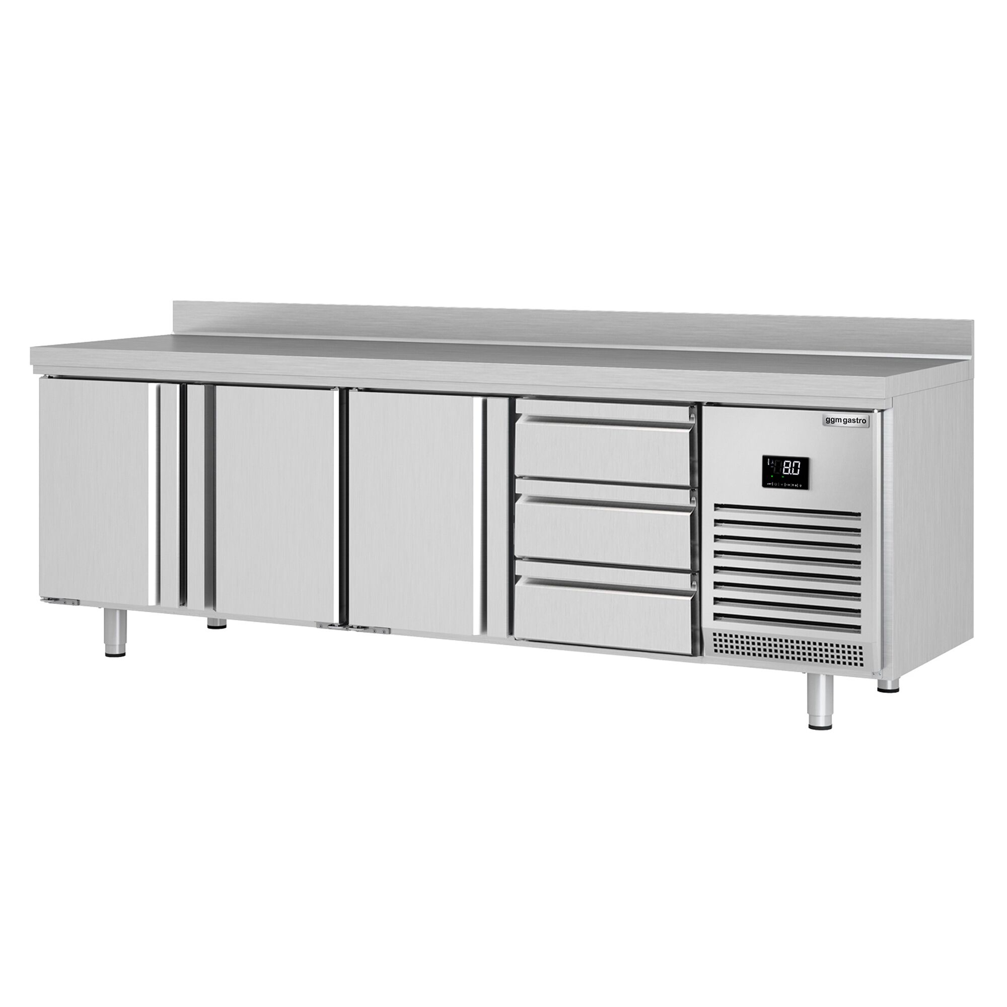 Table réfrigérée Premium PLUS - 2452 x 700 mm - avec 3 portes - 3 tiroirs - avec dosseret