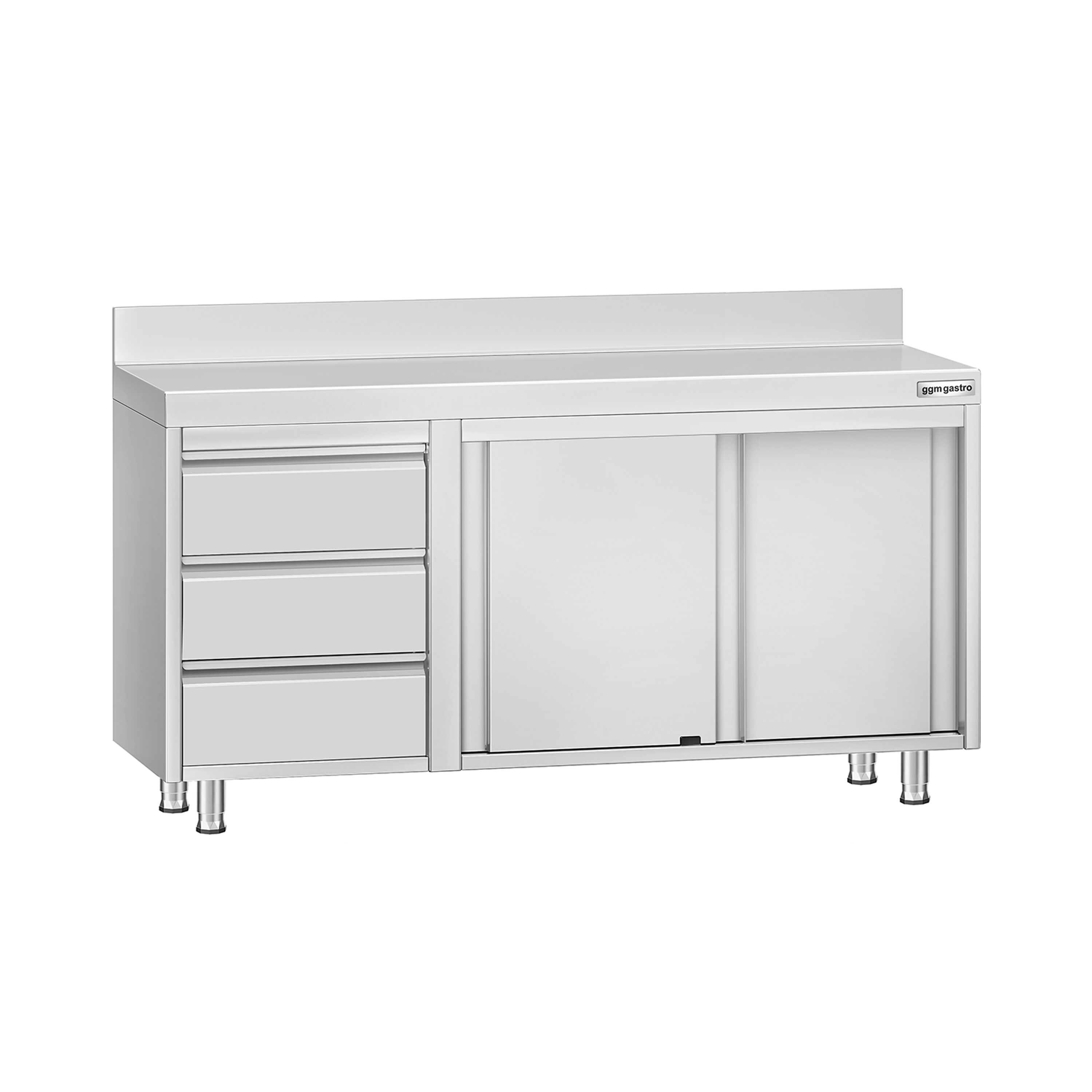 Table armoire en acier inoxydable ECO - 1400x600mm - avec 3 tiroirs à gauche et portes coulissantes et étagère basse - avec dosseret
