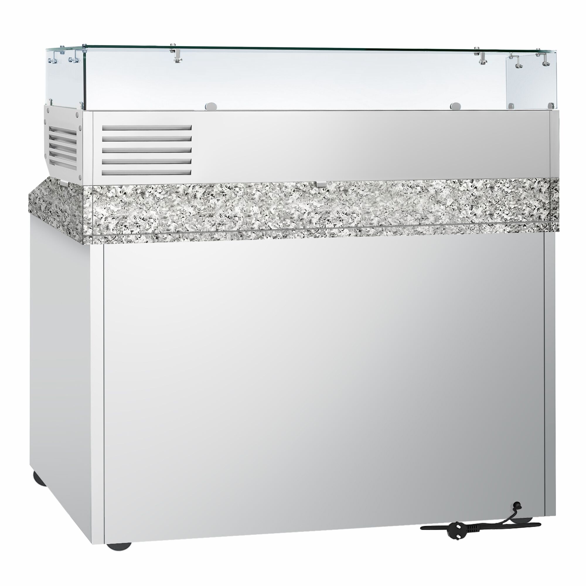 Banco pizza refrigerato PREMIUM - 1400x700mm - con 3 porte - piano in granito - con vetrina ingredienti refrigerata superiore - 6x GN 1/4