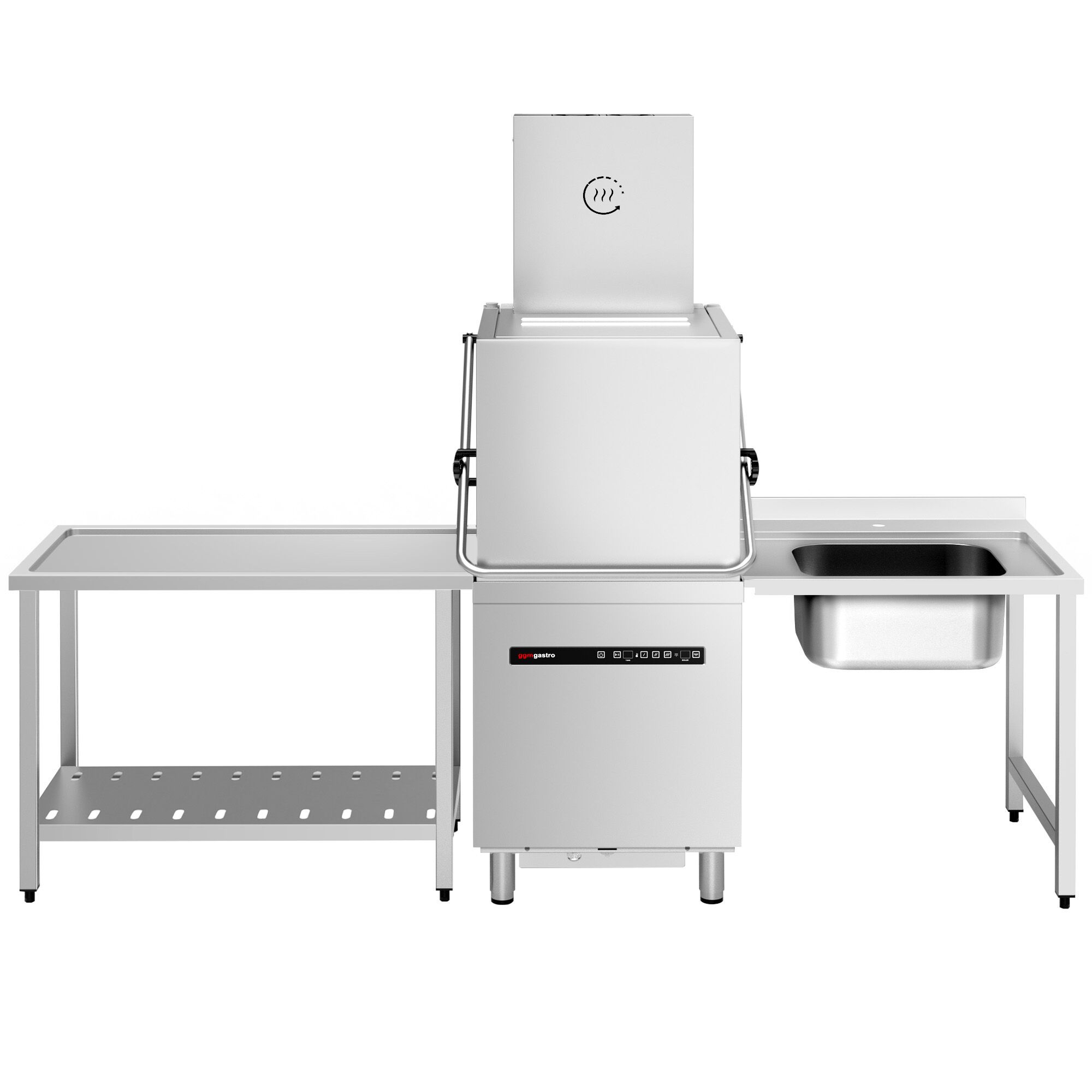 Lave-vaisselle à capot – Numérique – 8,7 kW – avec récupération de chaleur, pompe de détergent, de rinçage et de vidange – avec table d’entrée à droite et table de sortie à gauche incluses