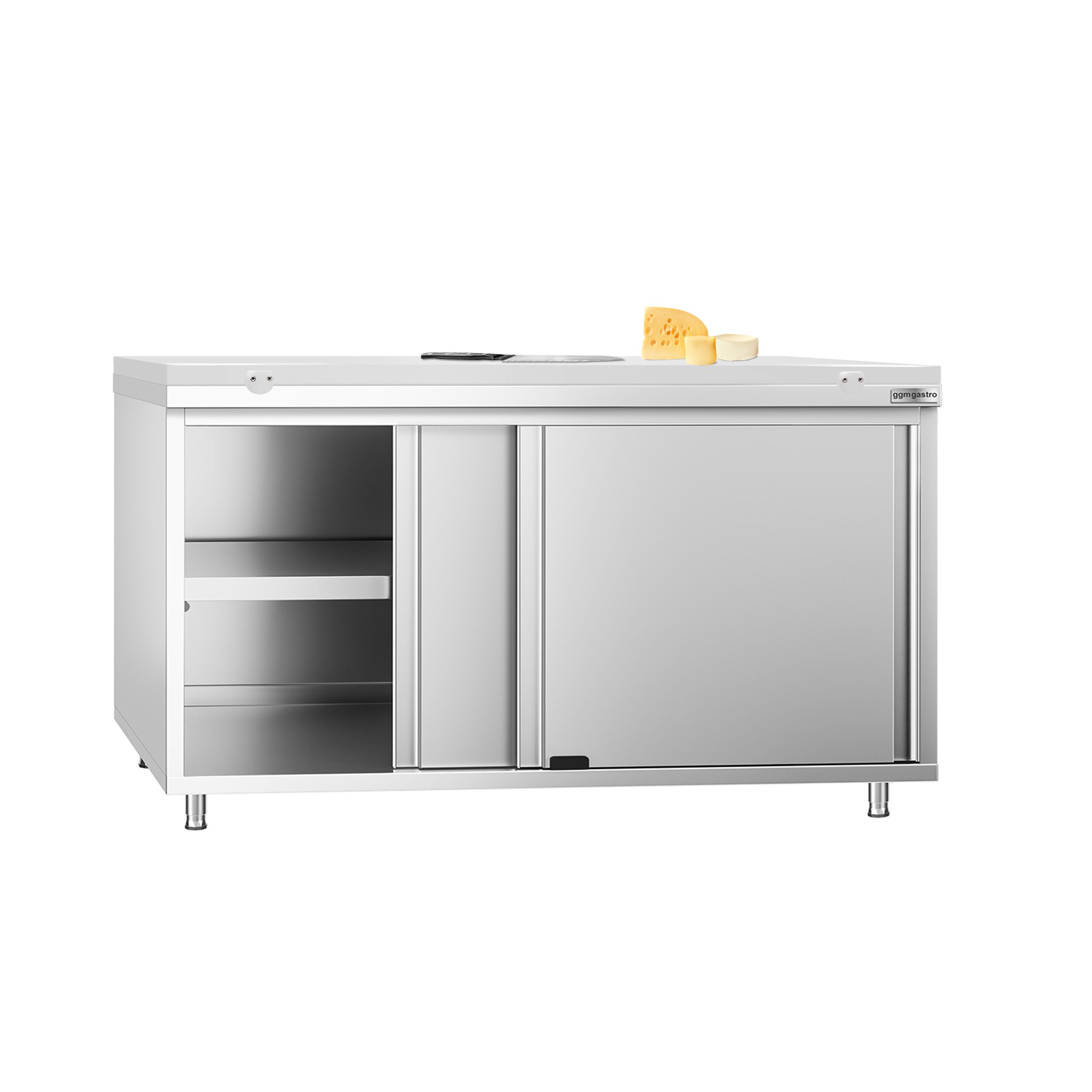 Table armoire en acier inoxydable PREMIUM - 1600x600mm - avec portes coulissantes - pour produits céréaliers et produits laitiers - incl. plateau de découpe Blanc PEHD (HACCP)