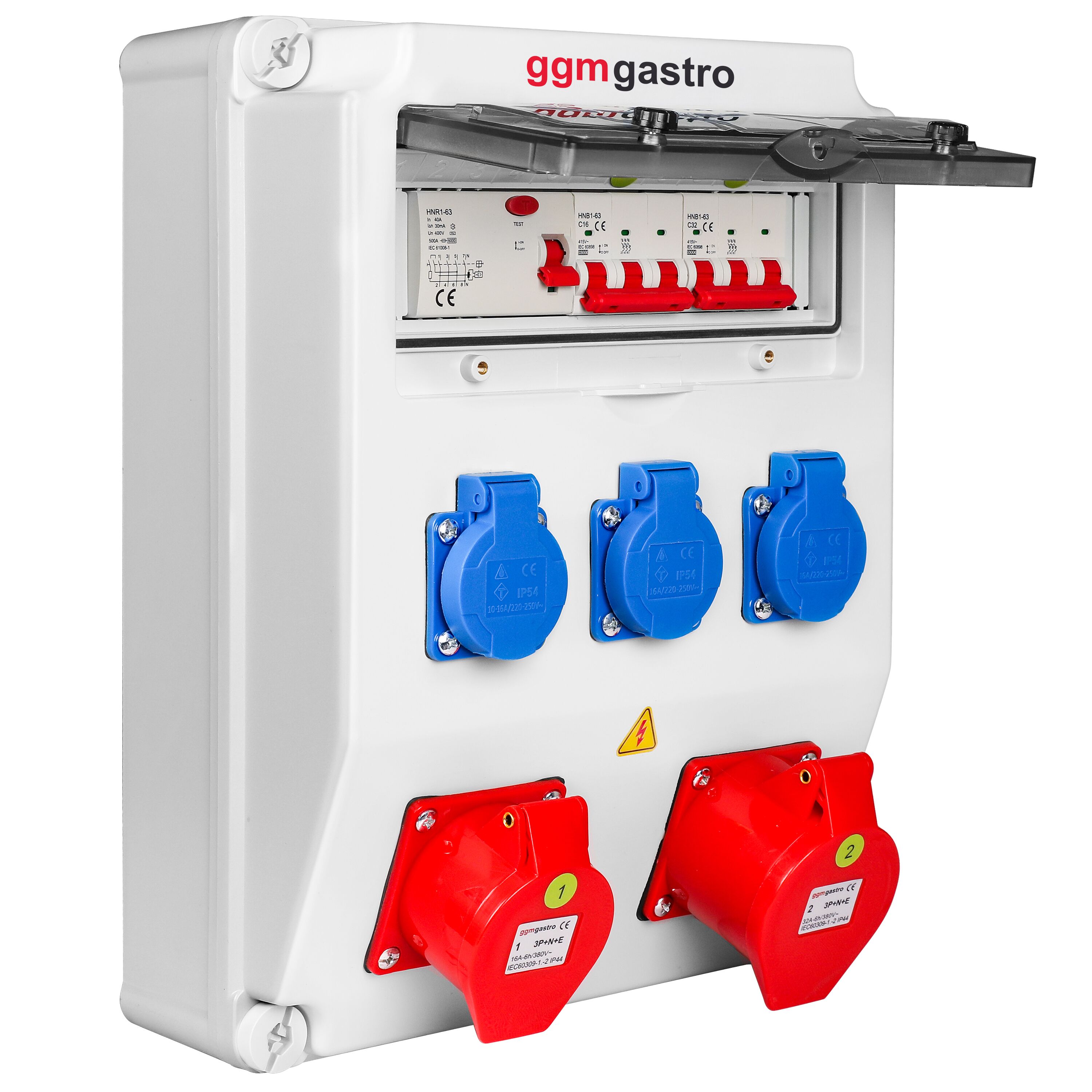 Coffret de chantier électrique - 3x 2P+T 16A 230V, 1x CEE 16A 400V 5P (rouge) & 1x CEE 32A 400V 5P (rouge) prises - Triphasé 400V - IP54 - avec interrupteur différentiel 30 mA intégré