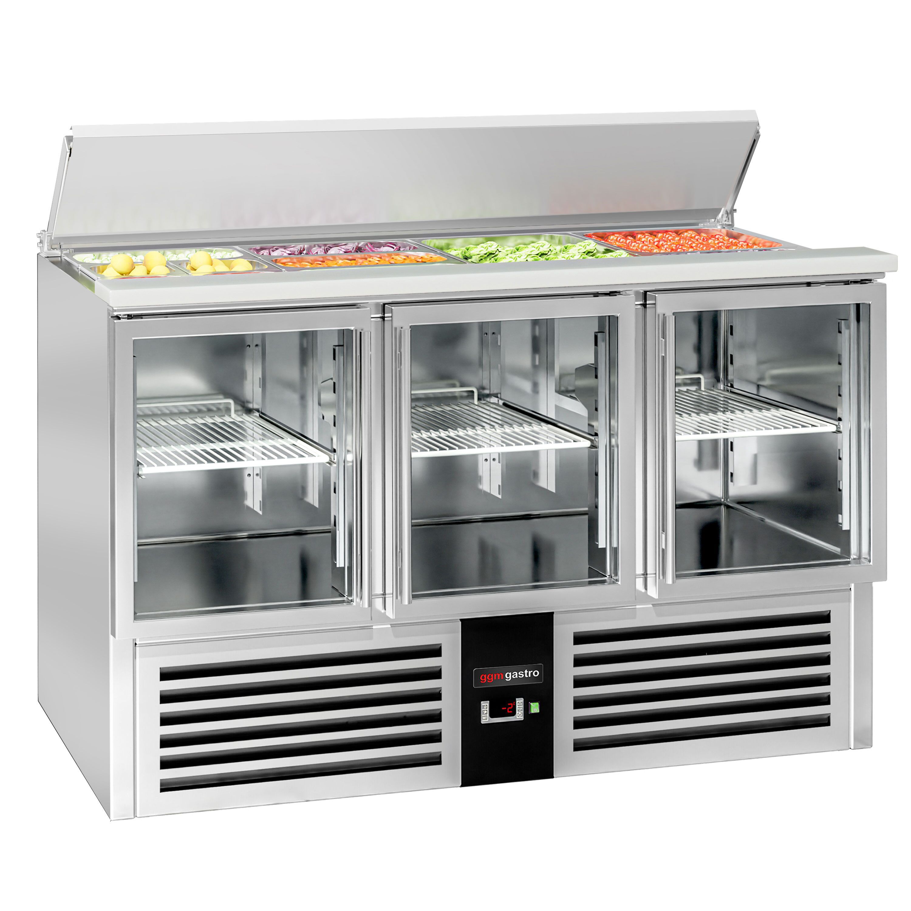 Saladette réfrigérée PREMIUM - 1368mm - 368L - 3 portes vitrées - avec découpe pour 4x GN 1/1 & Couvercle inox