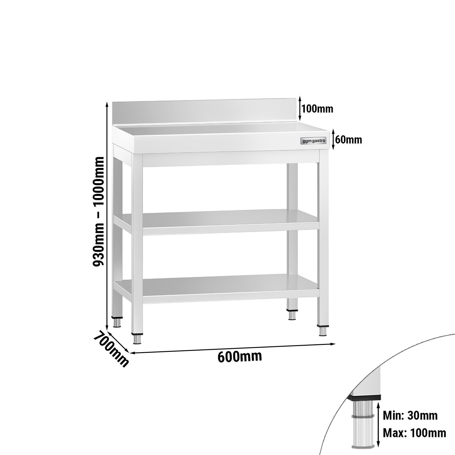 Table de travail inox PREMIUM - 600 x 700 mm - avec tablette inférieure, Dosseret & Tablette intermédiaire