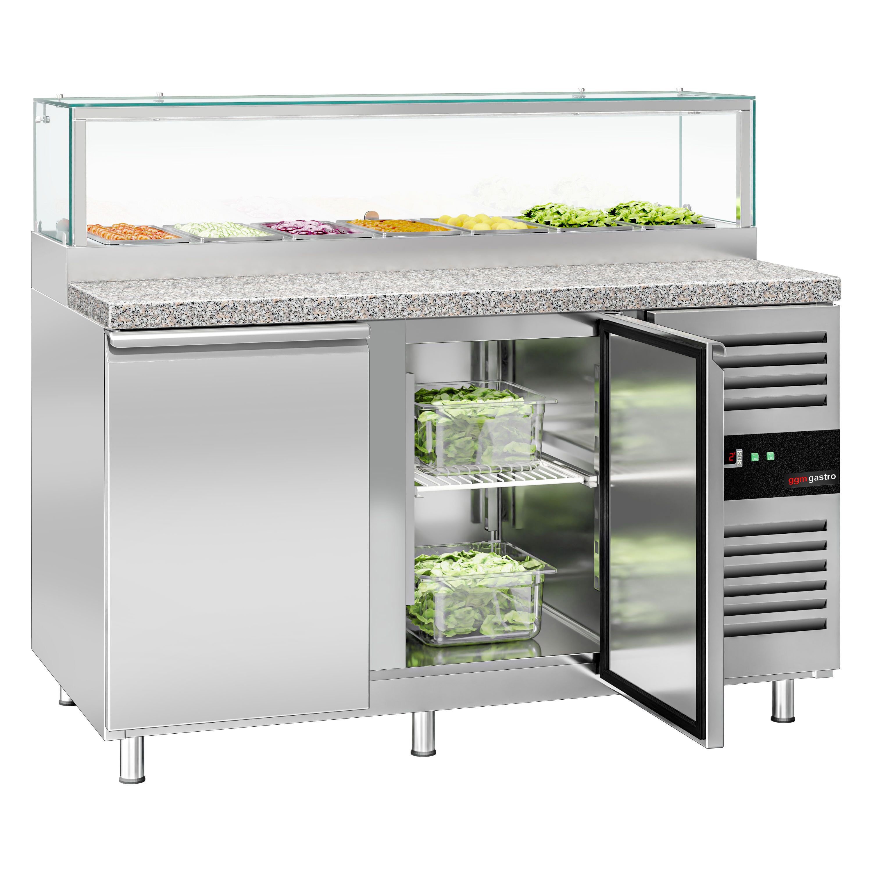 Saladette réfrigérée PREMIUM - 1510mm - 390L - 2 portes - avec vitrine de comptoir pour 7x GN 1/3 & 1 étagère - plan de travail en granit noir